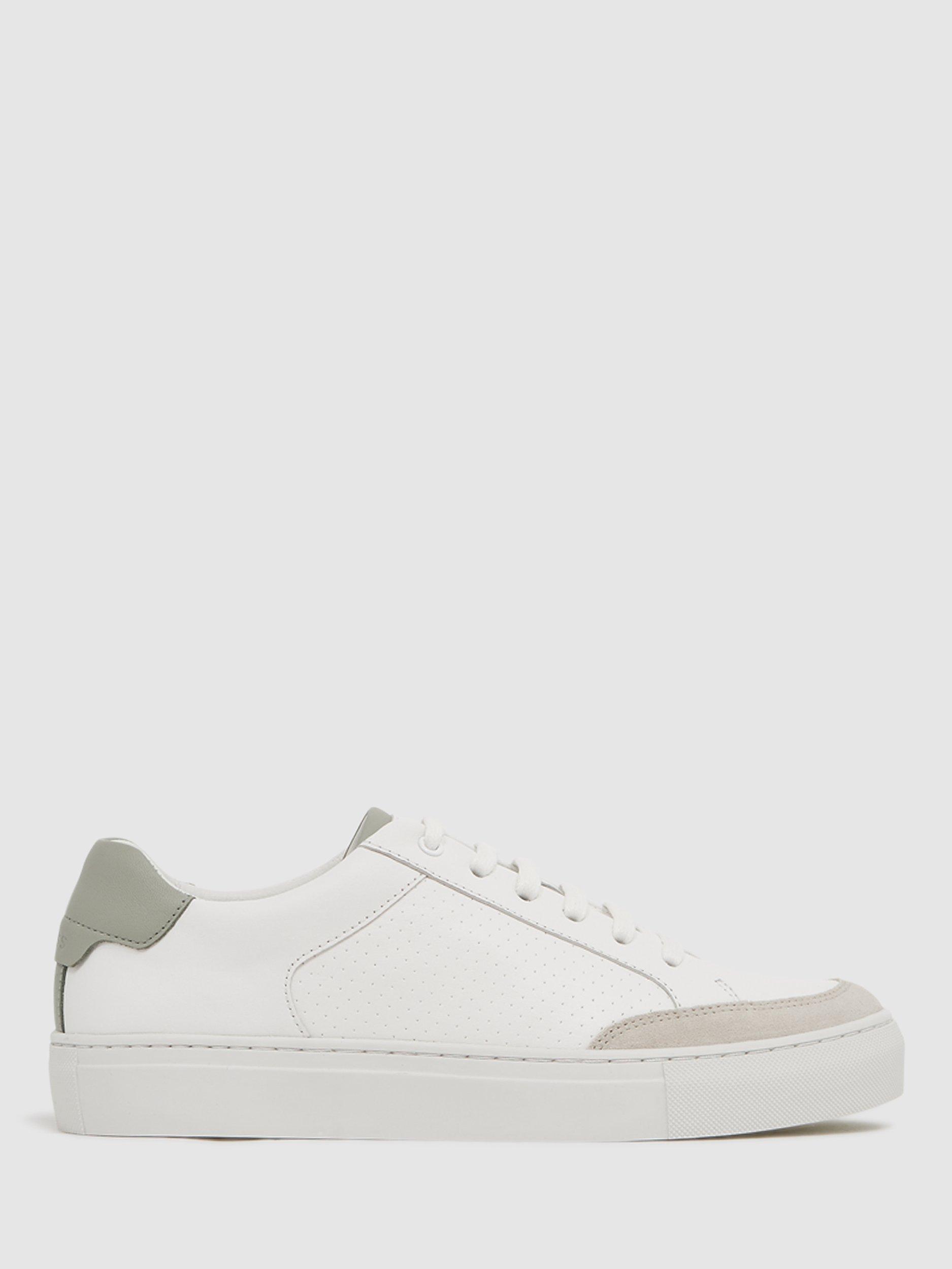 Reiss Ashley Leather and Suede Low Top Trainers, Sage/White