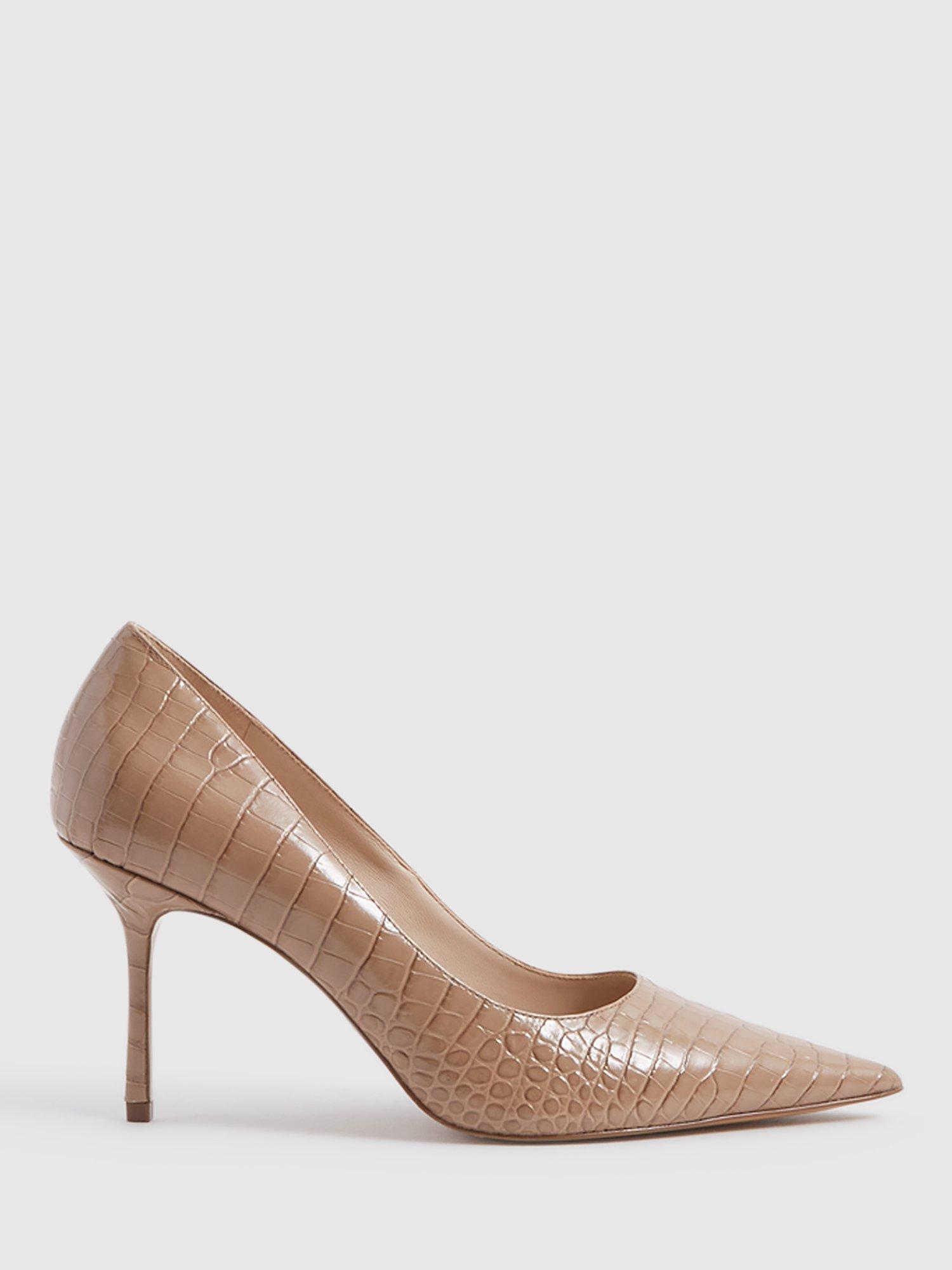 Reiss Elina Leather Croc Court Shoes, Camel