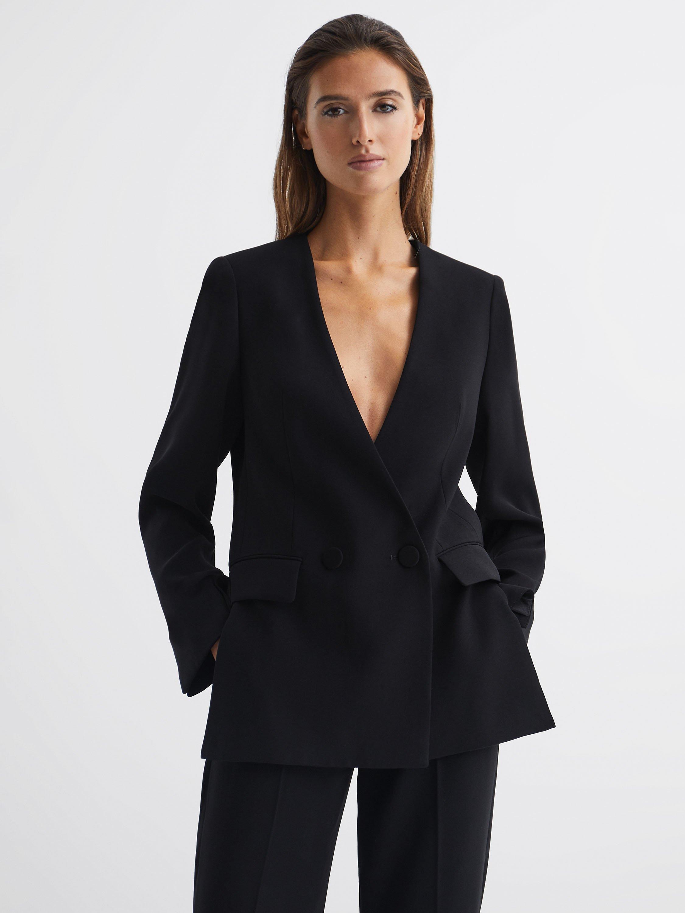 Reiss Margeaux Collarless Double Breasted Blazer, Black