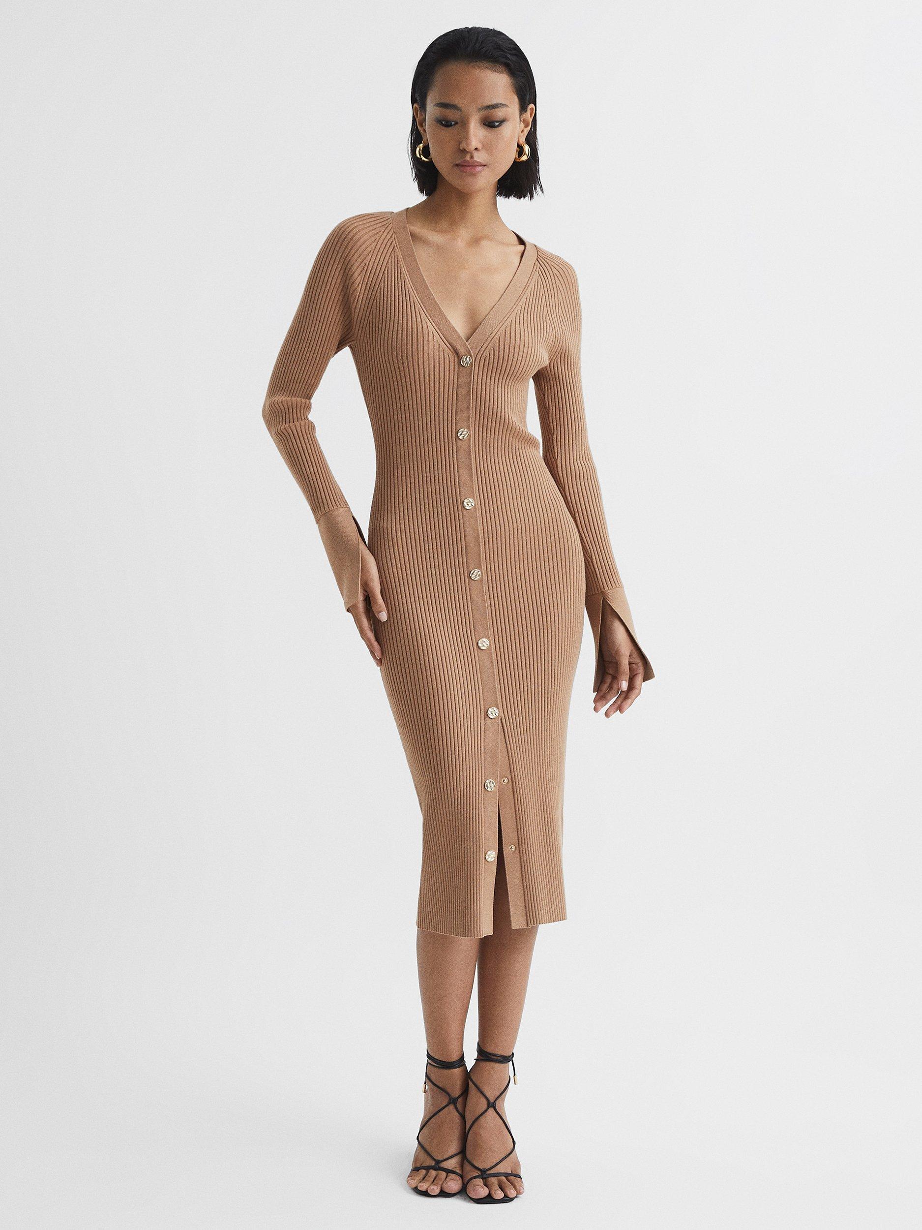 Reiss Avery Ribbed Midi Jumper Dress, Camel