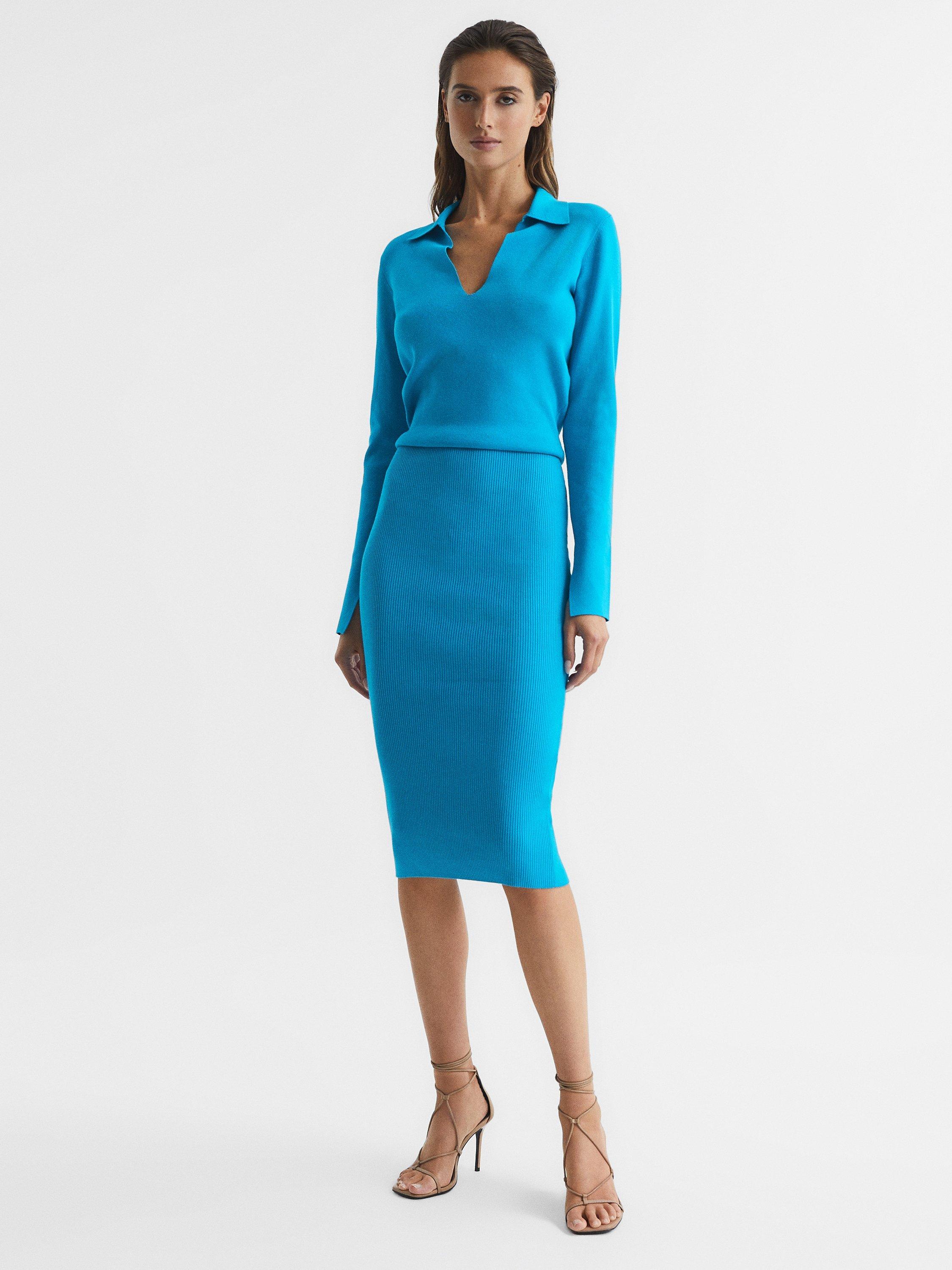 Reiss Elaina Long Sleeve Knee Length Dress, Blue, L