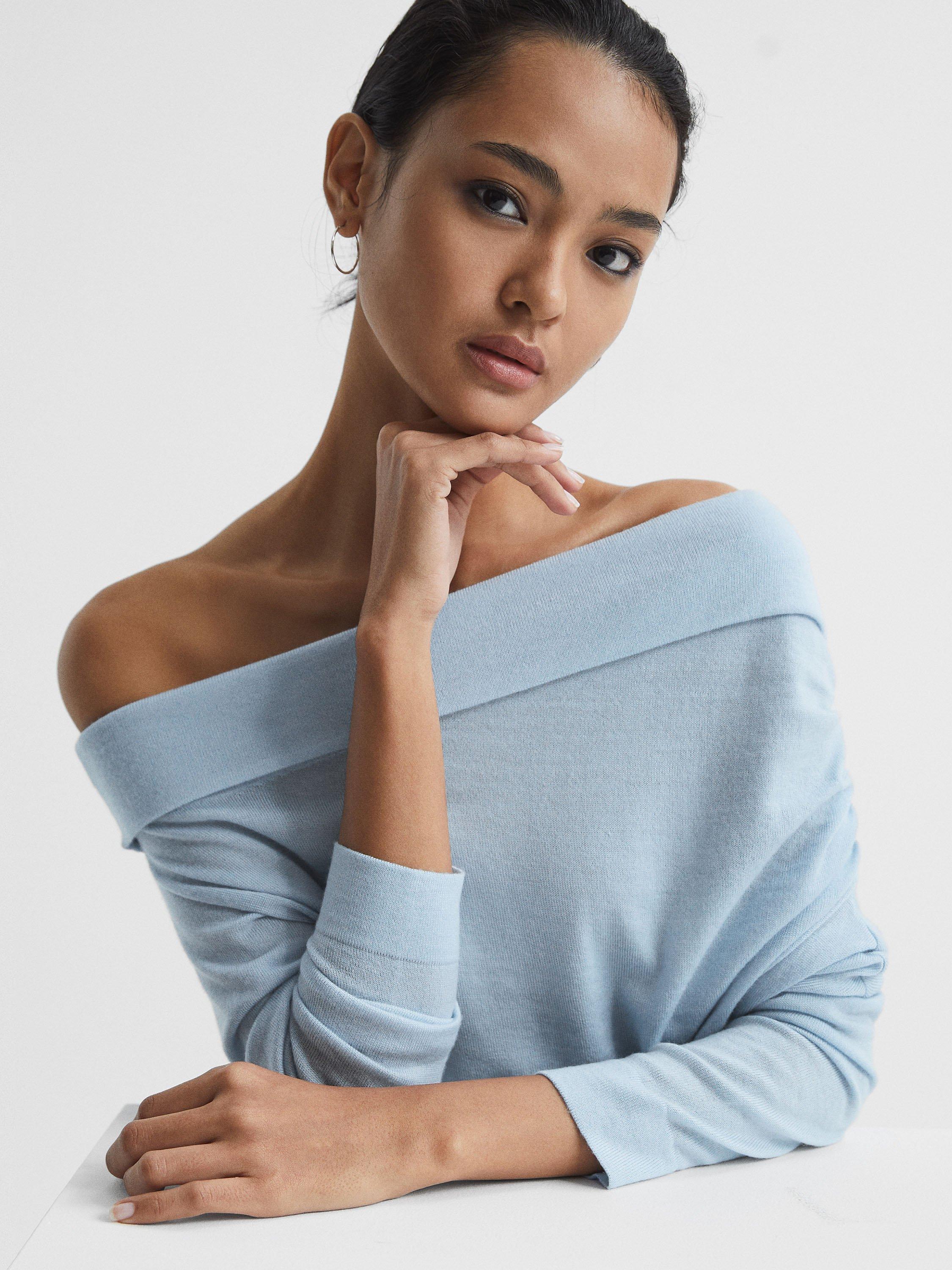 Reiss Gracey Drape Wool Jumper, Blue