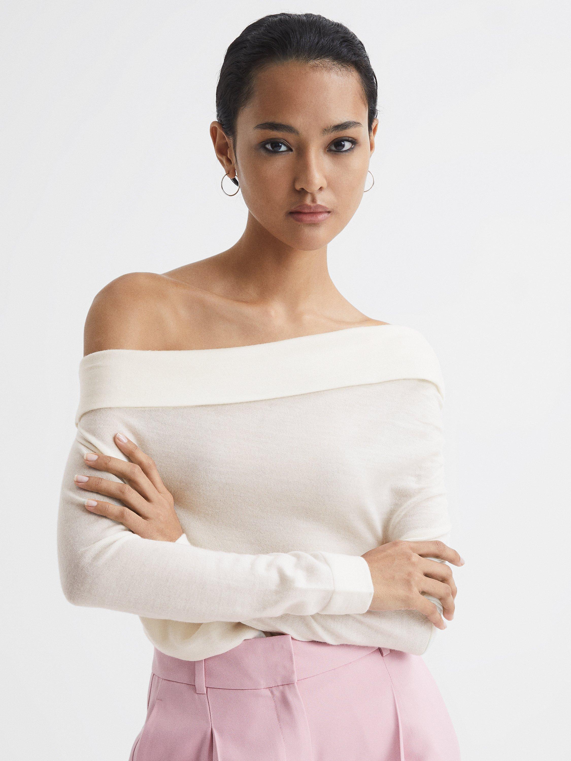 Reiss Gracey Drape Wool Jumper, Cream