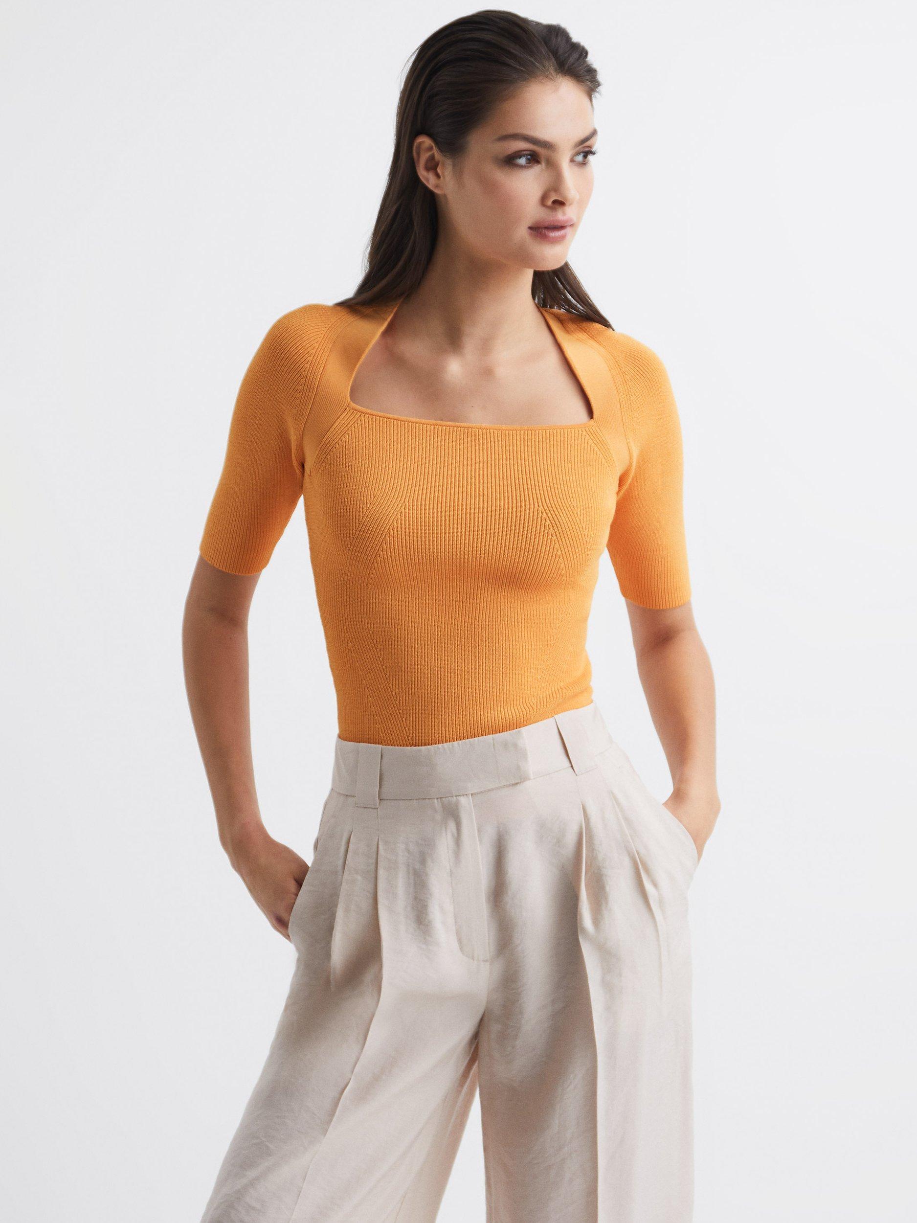 Reiss Tina Knitted Textured Top, Orange, M