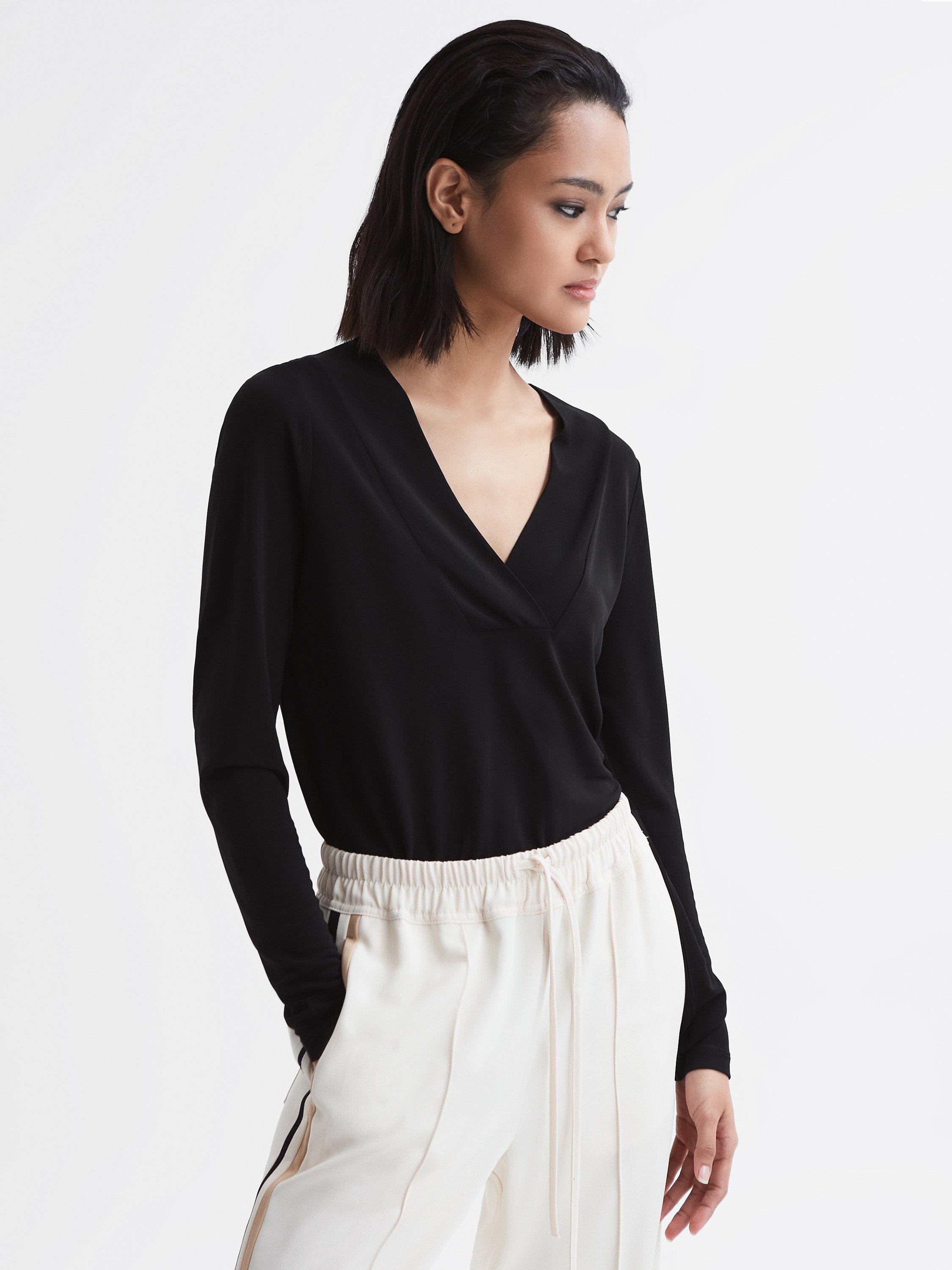 Reiss Tillie Long Sleeve V-Neck Top, Black, S