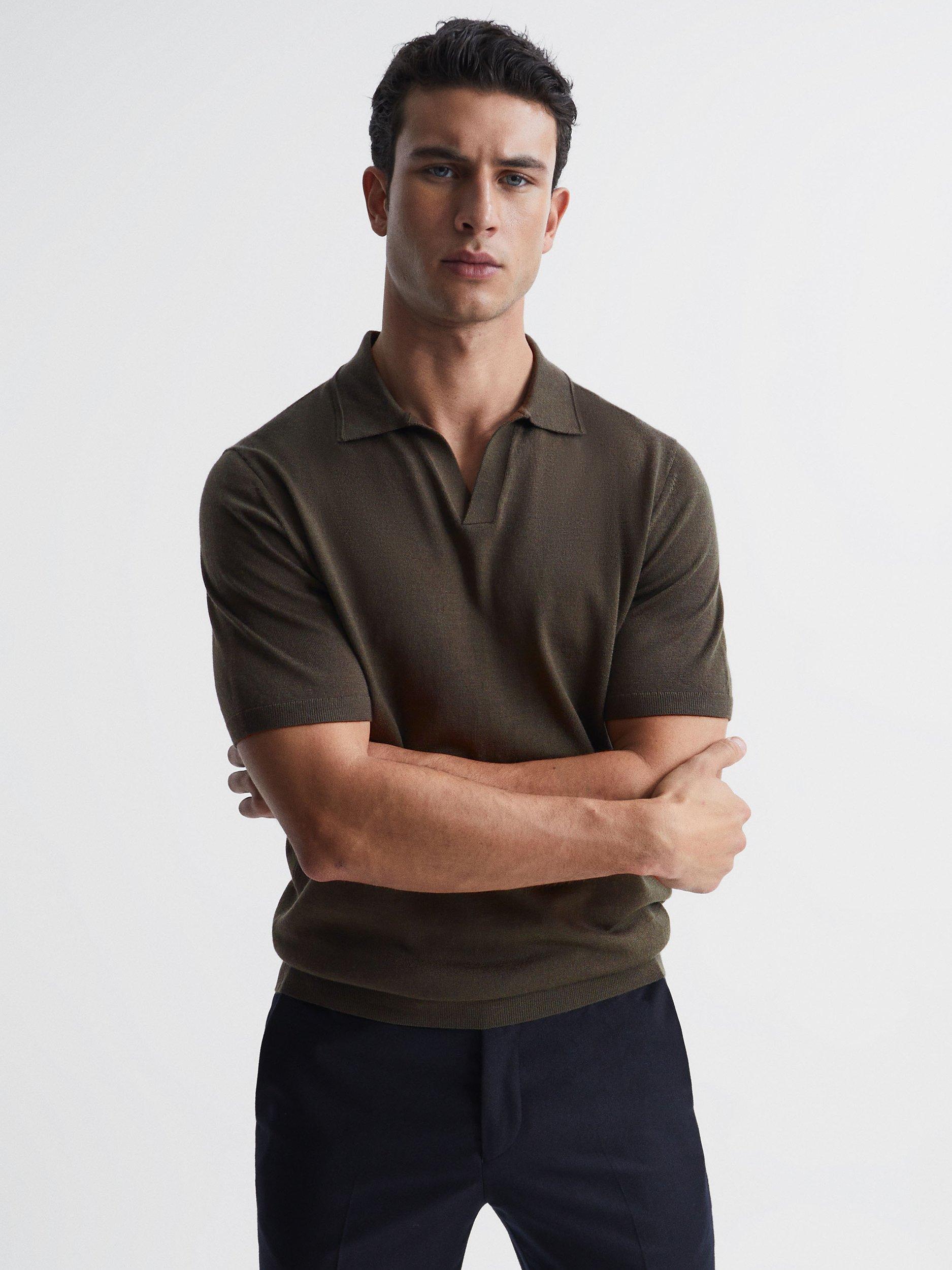 Reiss Duchie Open Collar Wool Shirt, Dark Military Green
