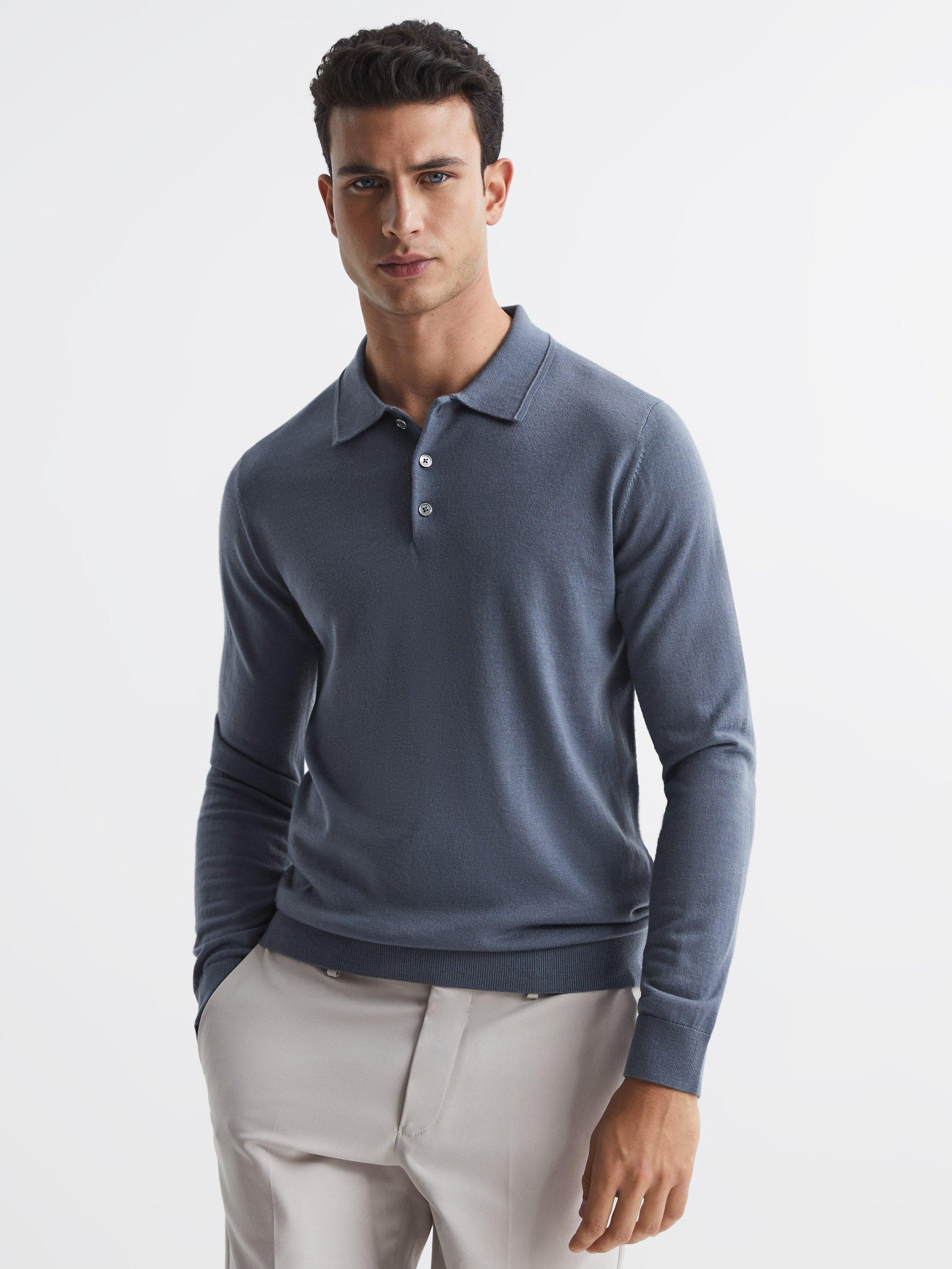 Reiss Trafford Long Sleeve Wool Polo Shirt, Nickel Blue