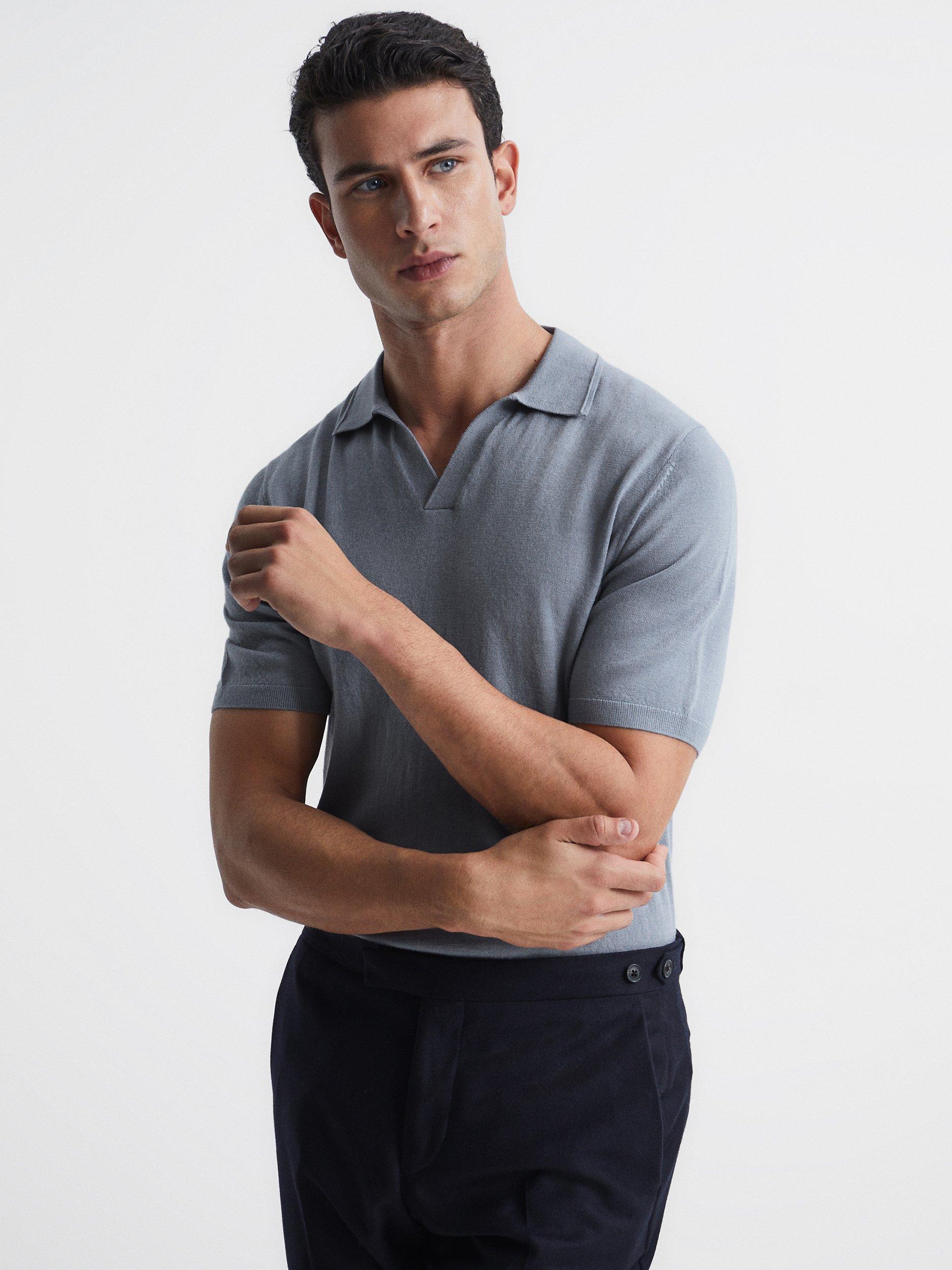 Reiss Duchie Knitted Short Sleeve Polo Top, Dove Blue, Dove Blue