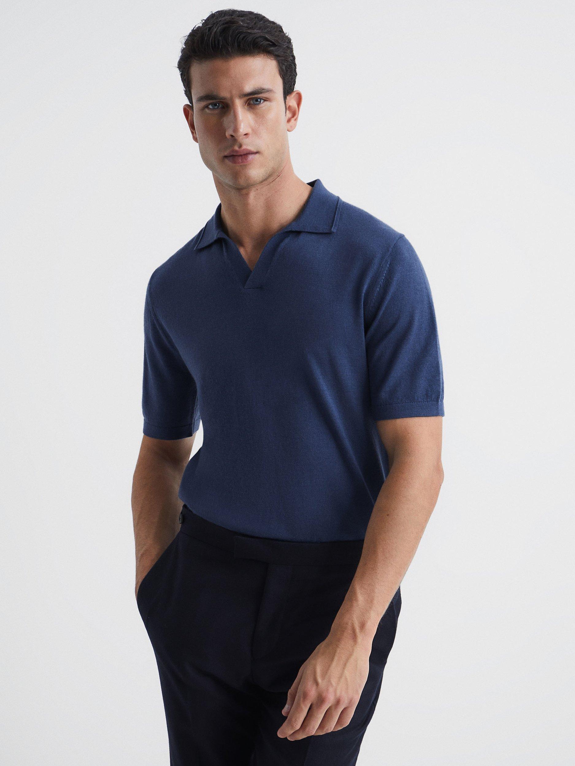 Reiss Duchie Knitted Short Sleeve Polo Top, Dove Blue, Azure