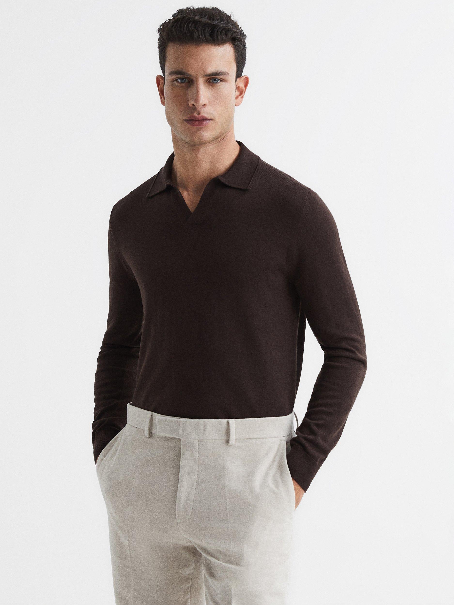 Reiss Milburn Merino Wool Knit Polo Shirt, Bitter Chocolat, S