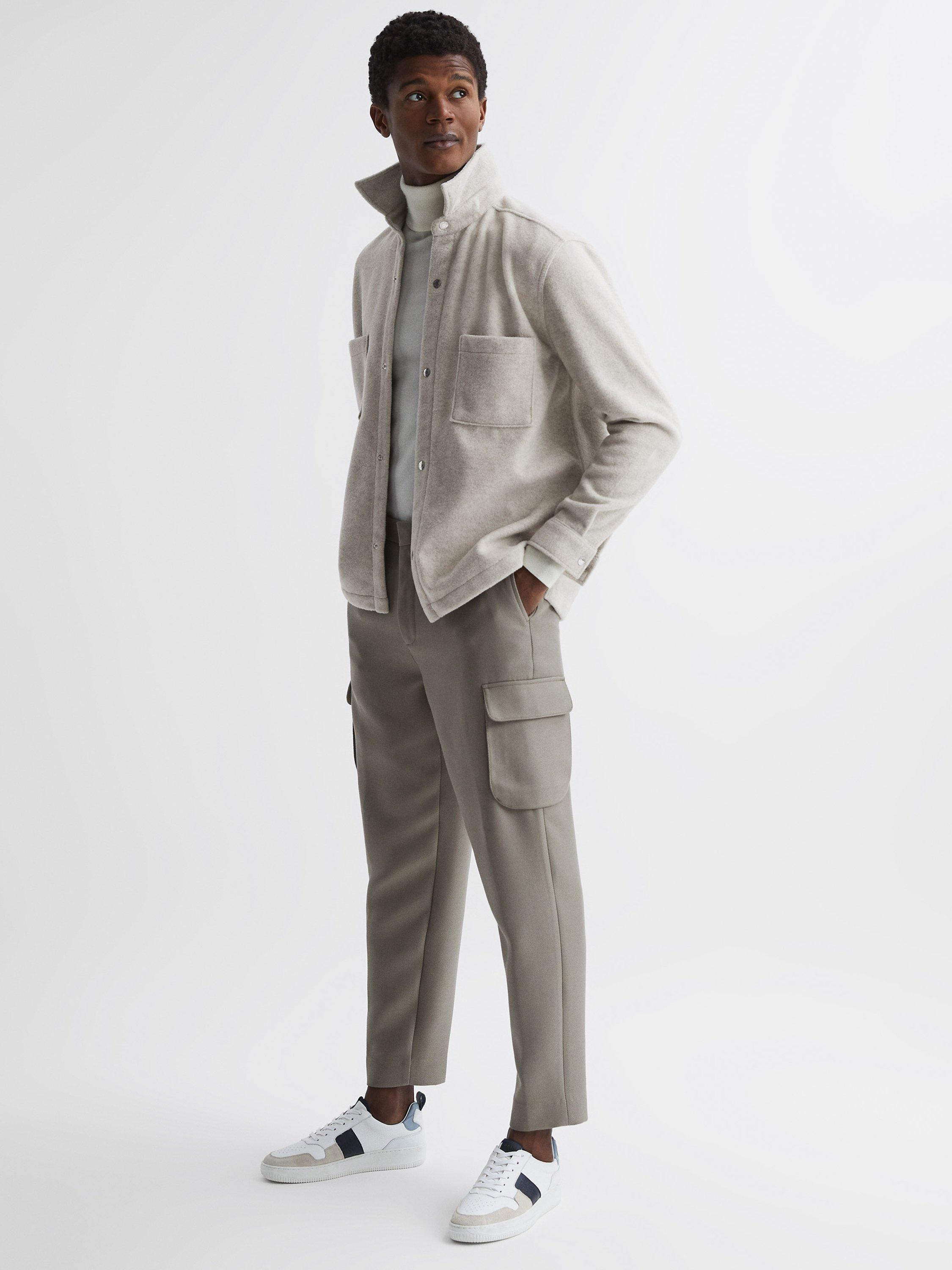 Reiss Press Stud Brushed Overshirt, Oatmeal