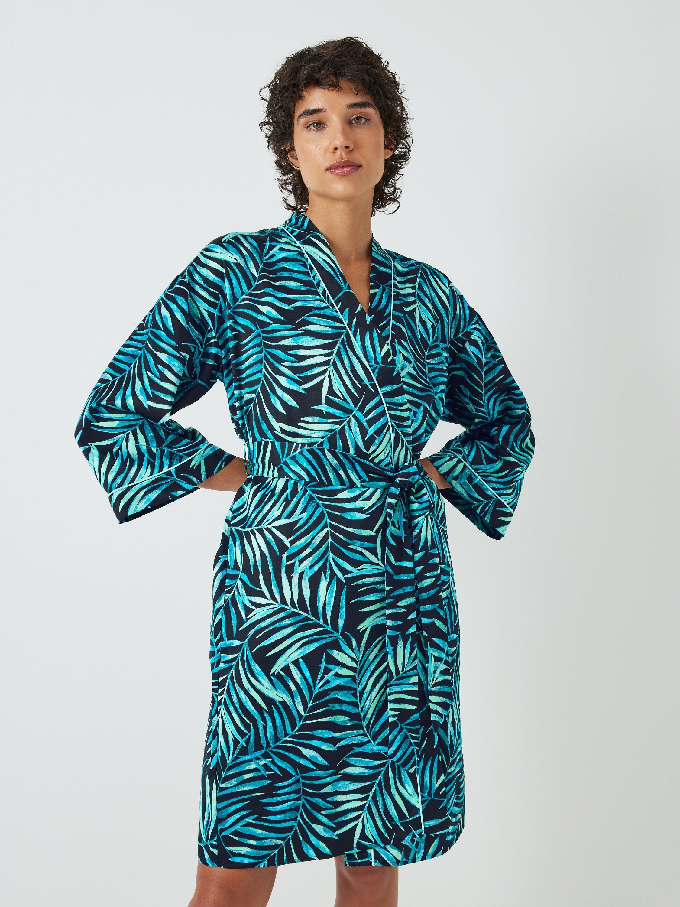 John Lewis Capri Leaf Print Satin Robe, Navy/Teal