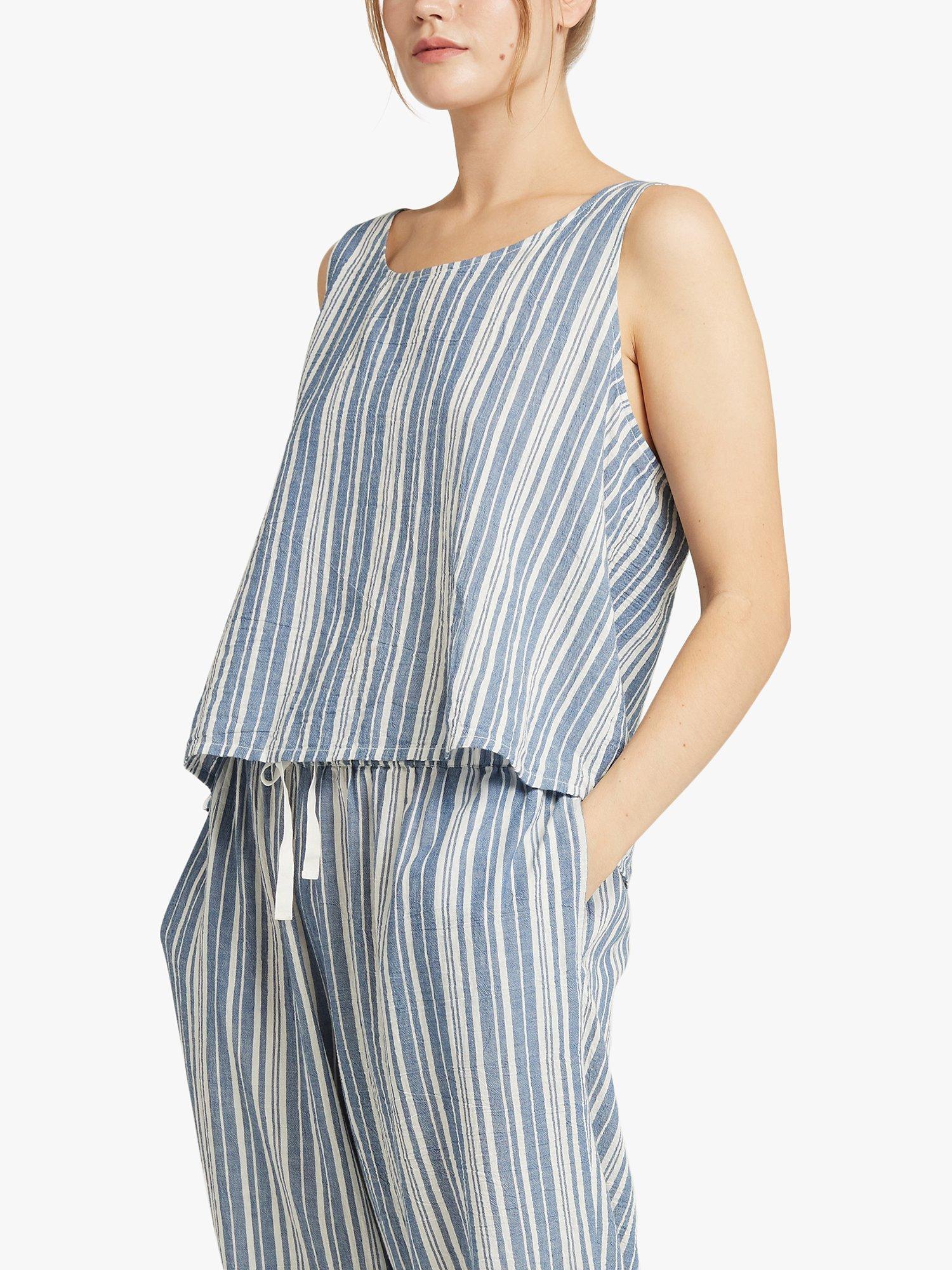 Product image 2 of 6, which shows Nudea The Night Vest Scoop Neck Cami Pyjama Top, White/Navy, M
