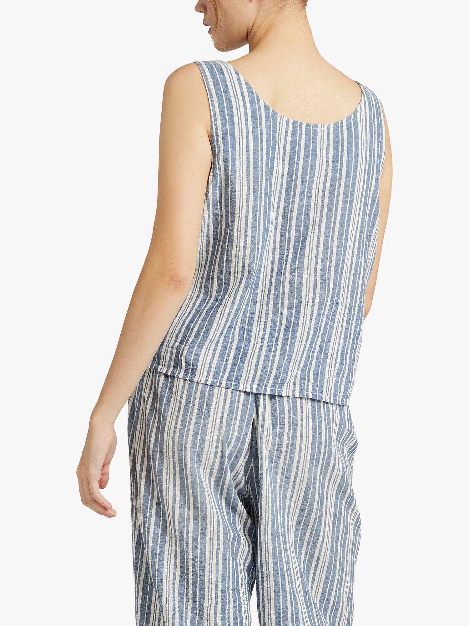 Product image 3 of 6, which shows Nudea The Night Vest Scoop Neck Cami Pyjama Top, White/Navy, M