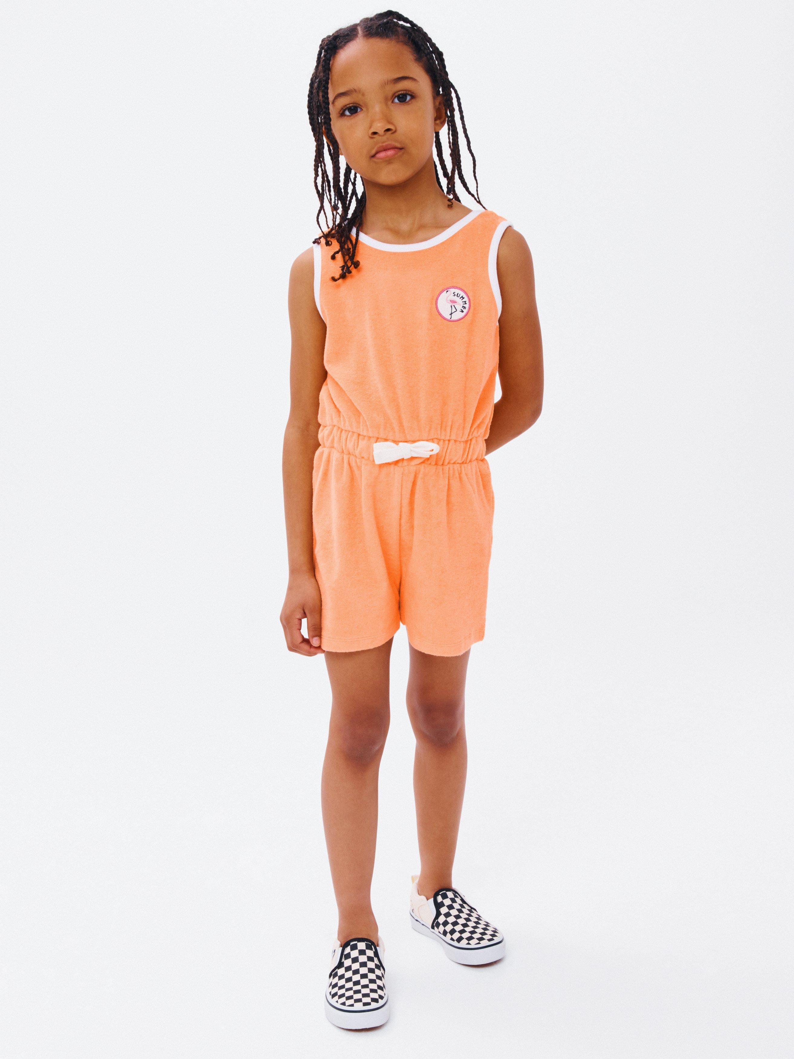 John Lewis Kids' Summer Flamingo Towelling Playsuit, Cantaloupe