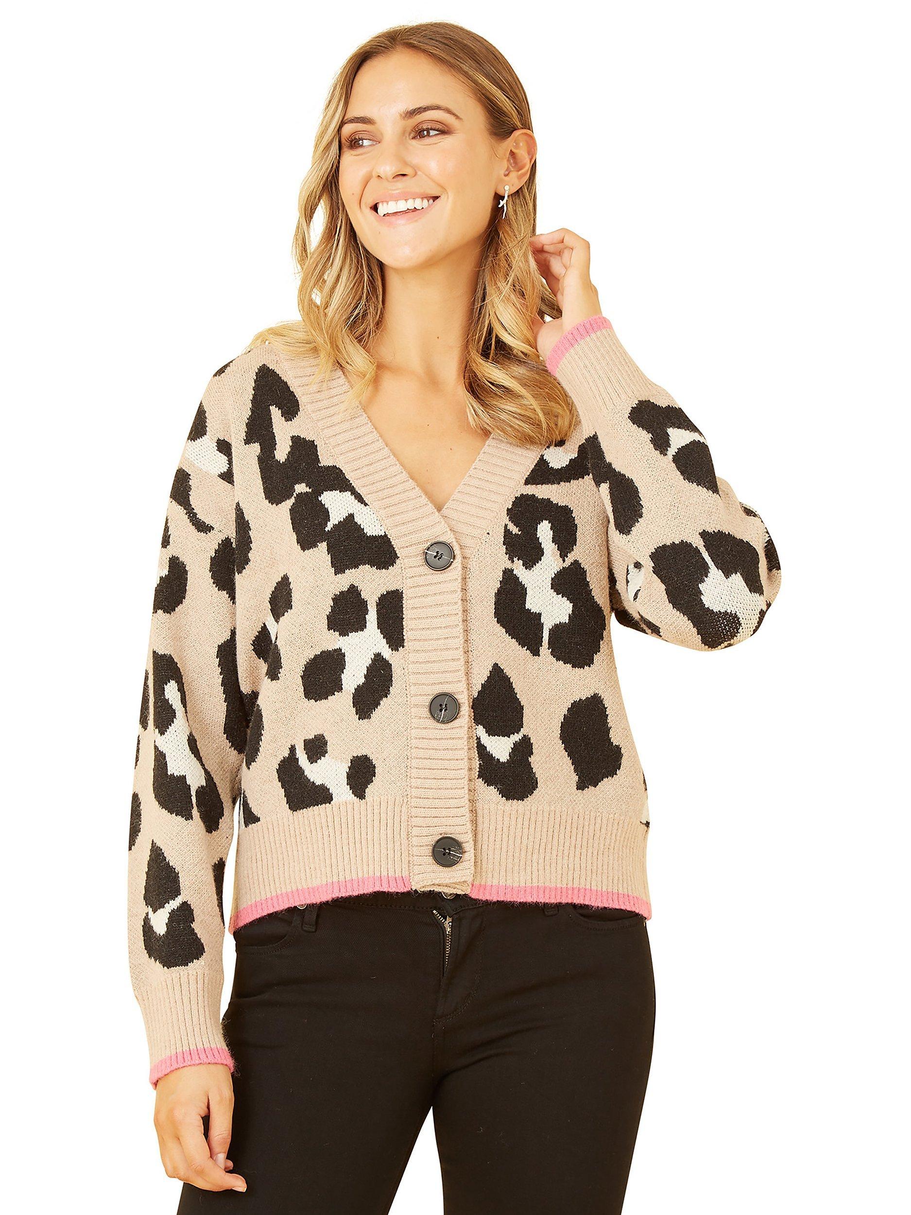 Product image 1 of 4, which shows Yumi Oversized Animal Print Cardigan, Beige, S-M