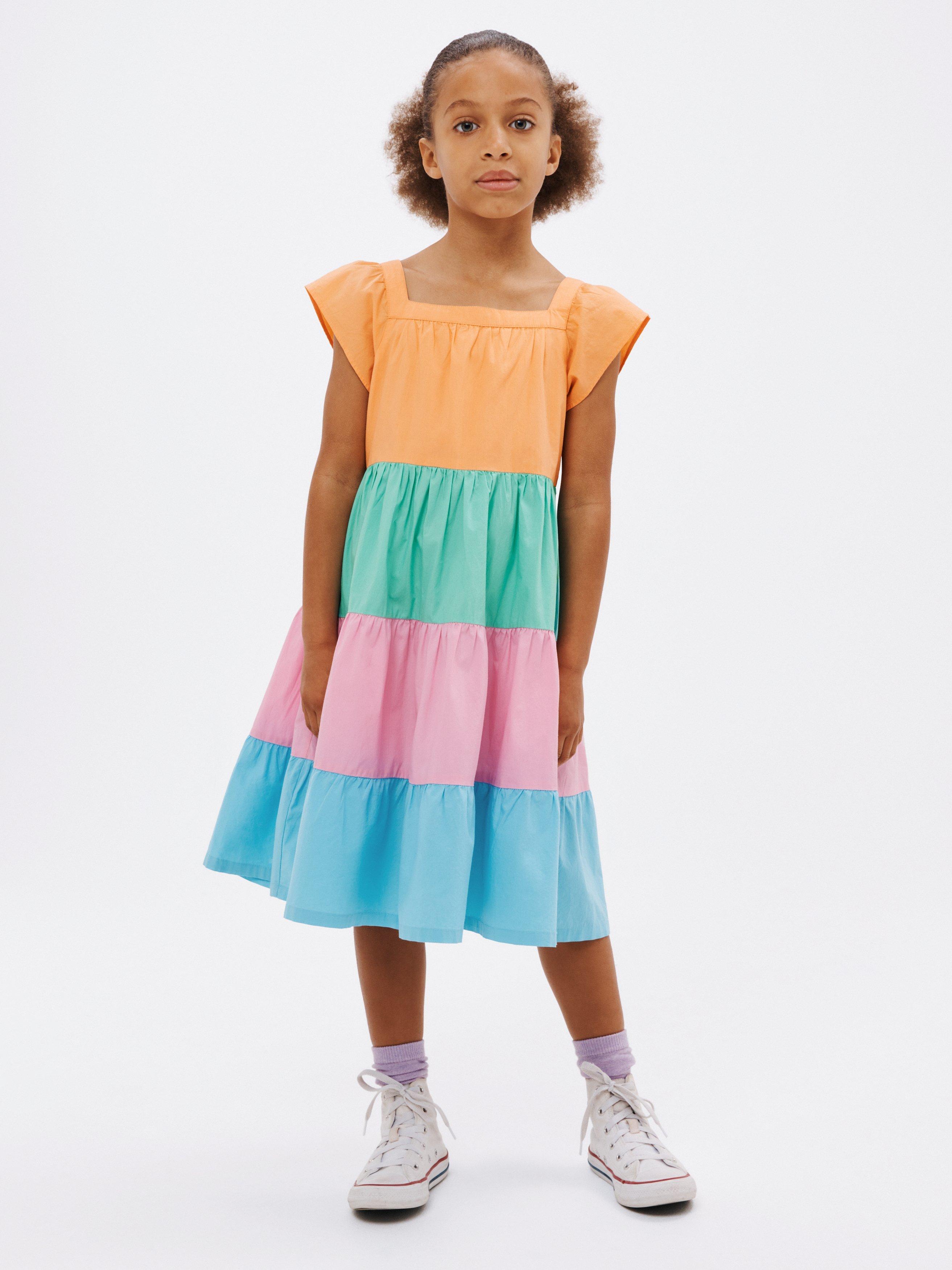 John Lewis Kids' Cotton Colour Block Tiered Dress, Multi