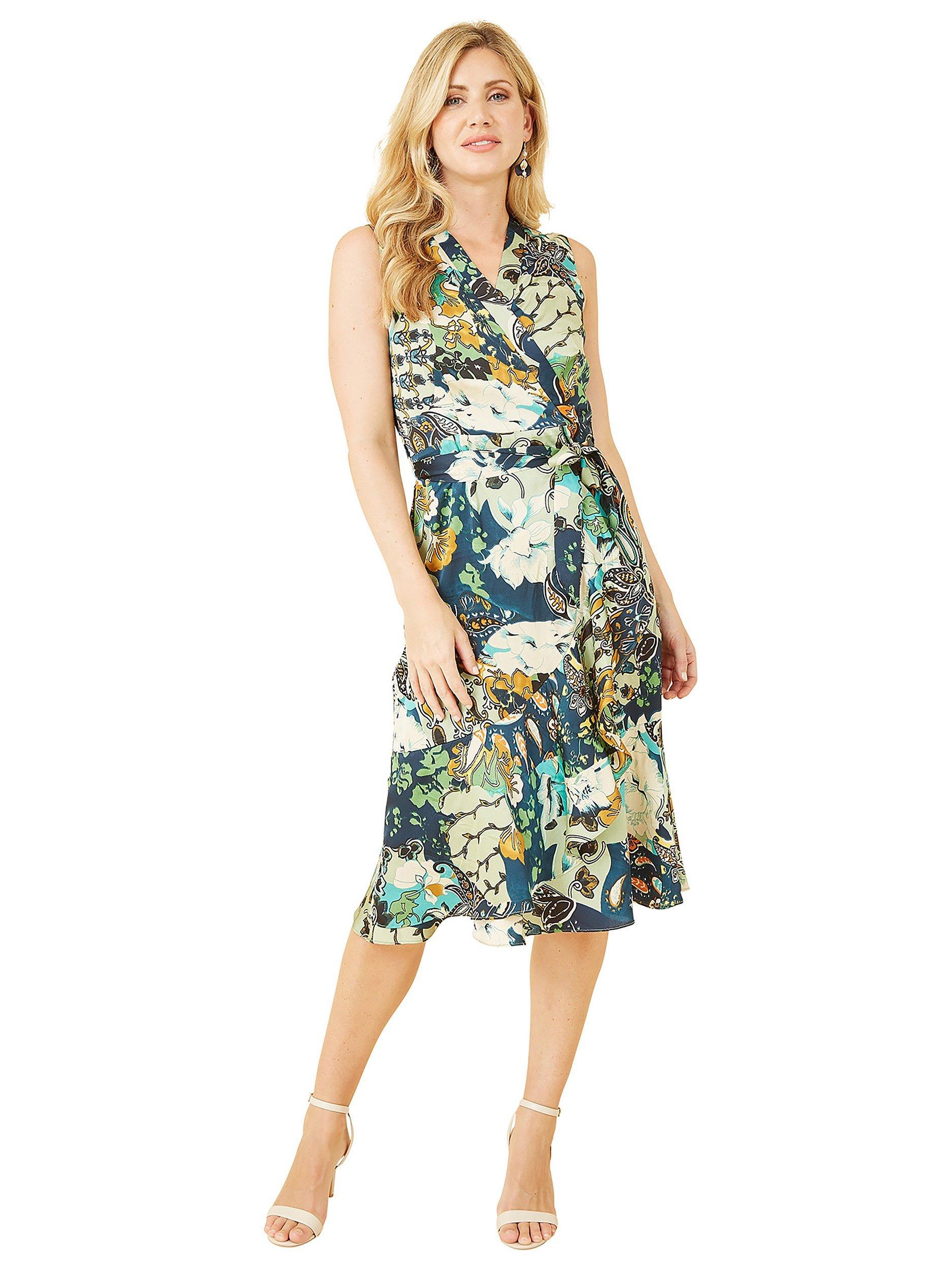 Product image 4 of 5, which shows Mela London Patchwork Paisley Satin Midi Dress, Green, 8