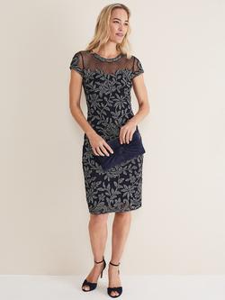 Phase Eight Zila Floral Tapework Knee Length Dress, Navy/Ivory, Navy/Ivory