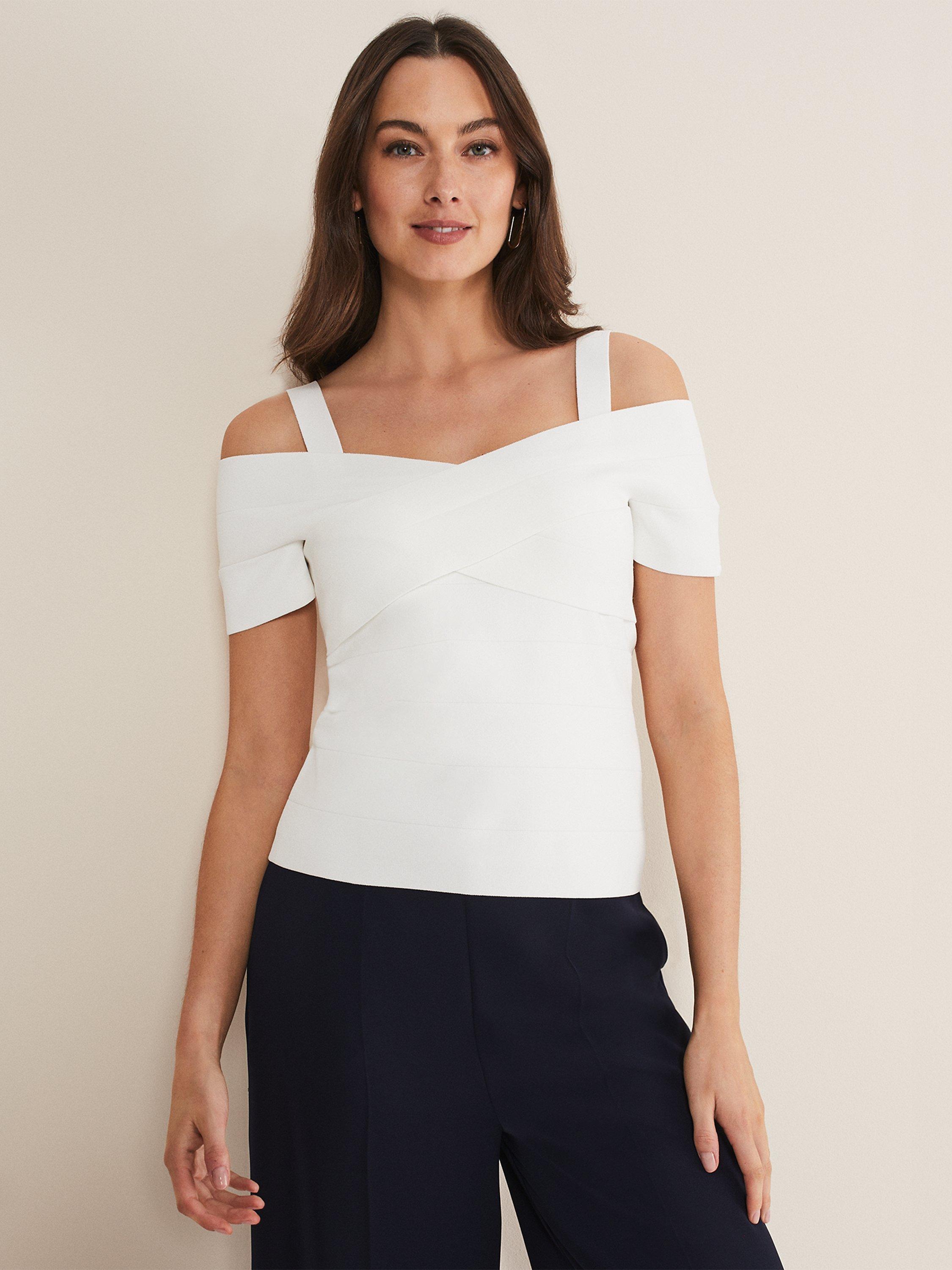 Phase Eight Jasmine Bardot Knitted Bandage Top, Ivory