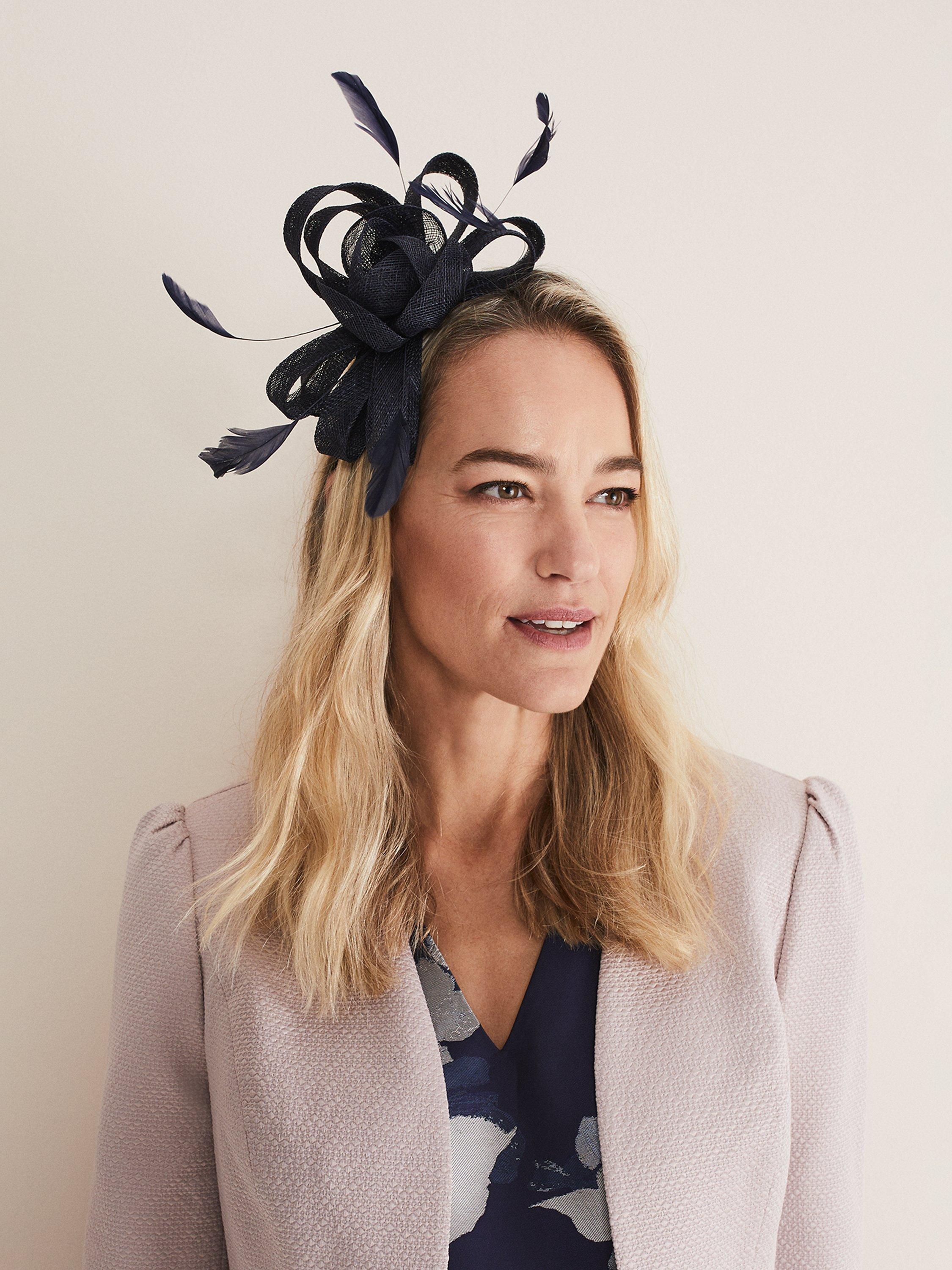 Product image 1 of 6, which shows Phase Eight Bow and Quills Fascinator, Navy, One Size