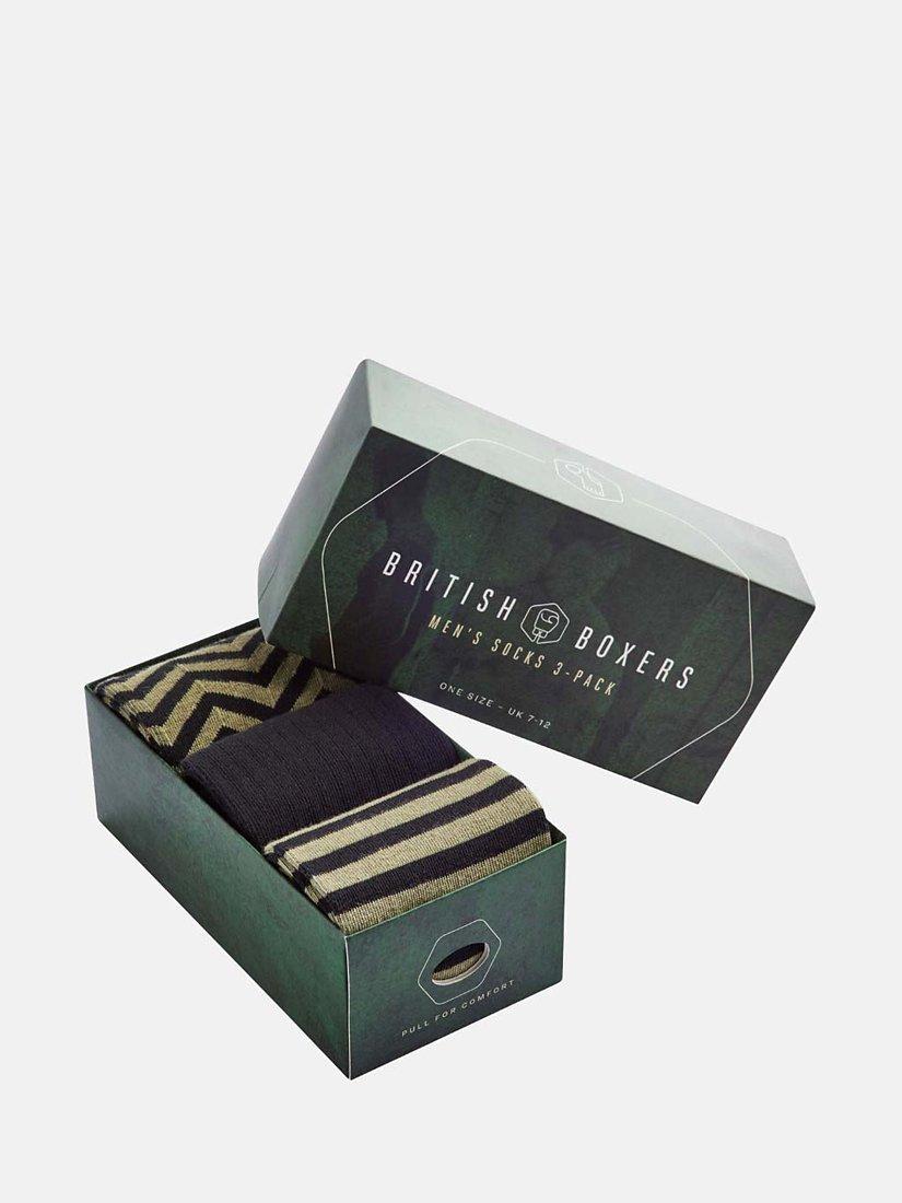 British Boxers Cotton Blend Print Ankle Socks, Pack of 3, Black/Sage, 7-11