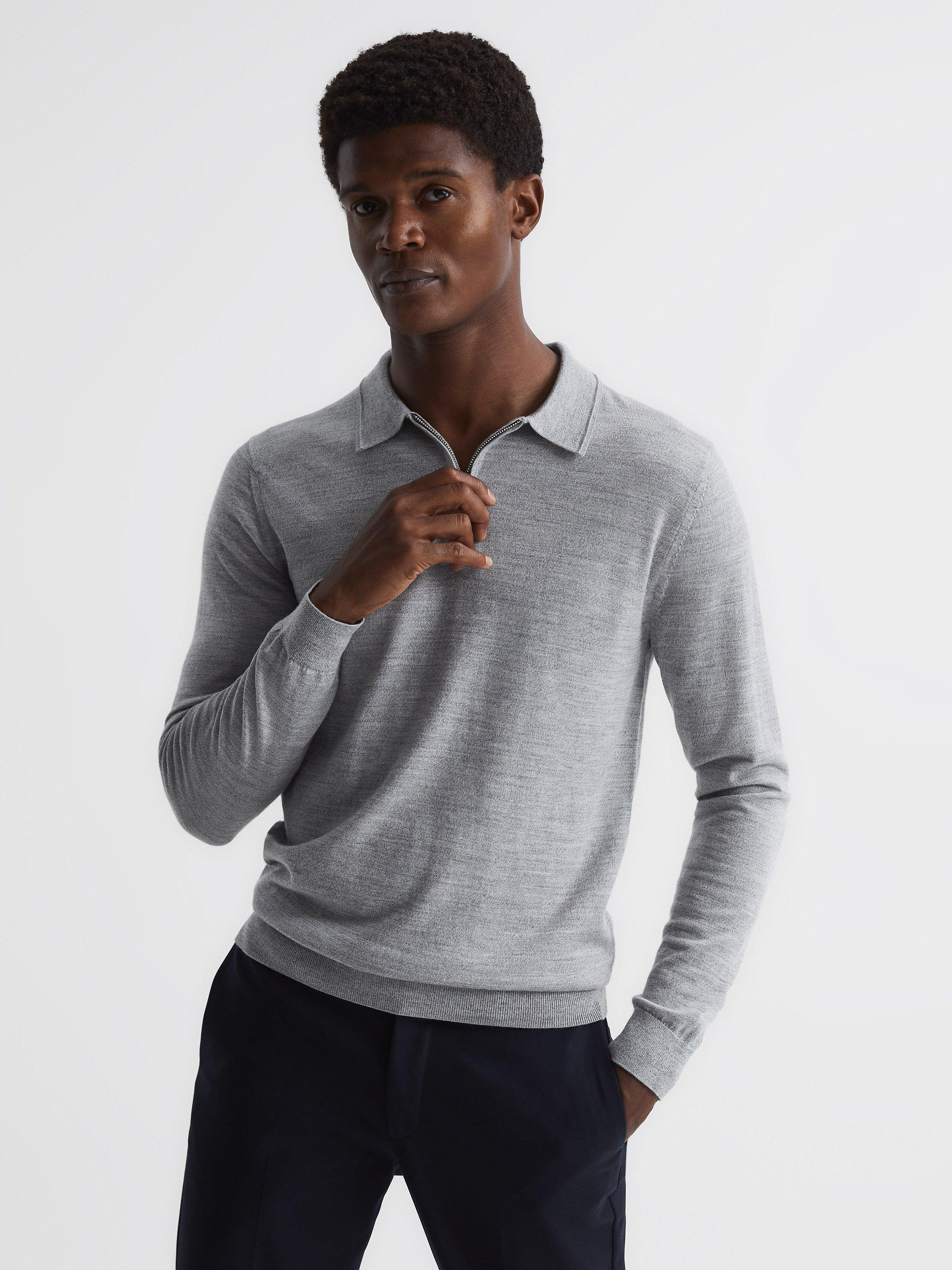Reiss Robertson Knitted Long Sleeve Polo Top, Soft Grey, L