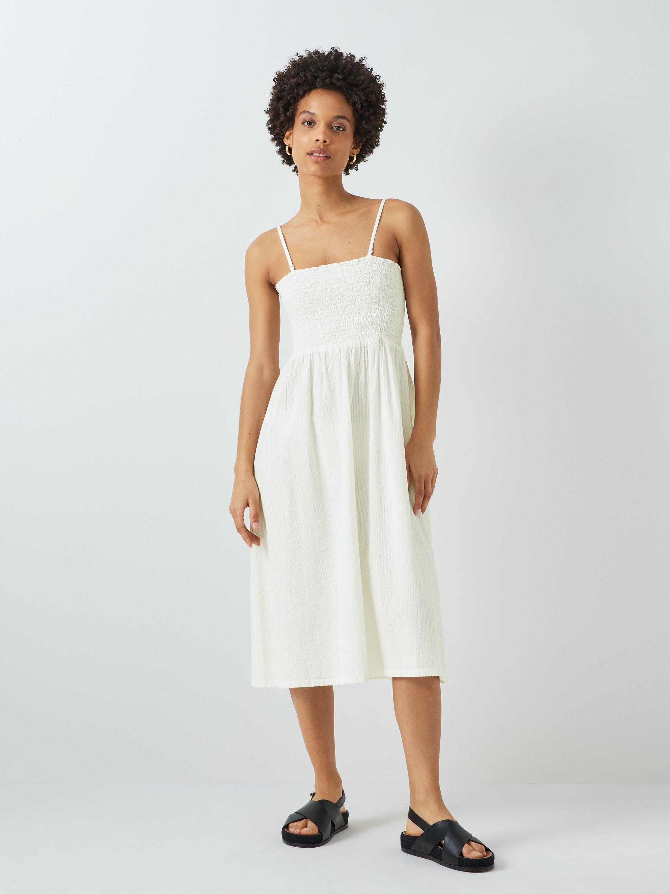 John Lewis ANYDAY Plain Shirred Bodice Strappy Sun Dress, White, M