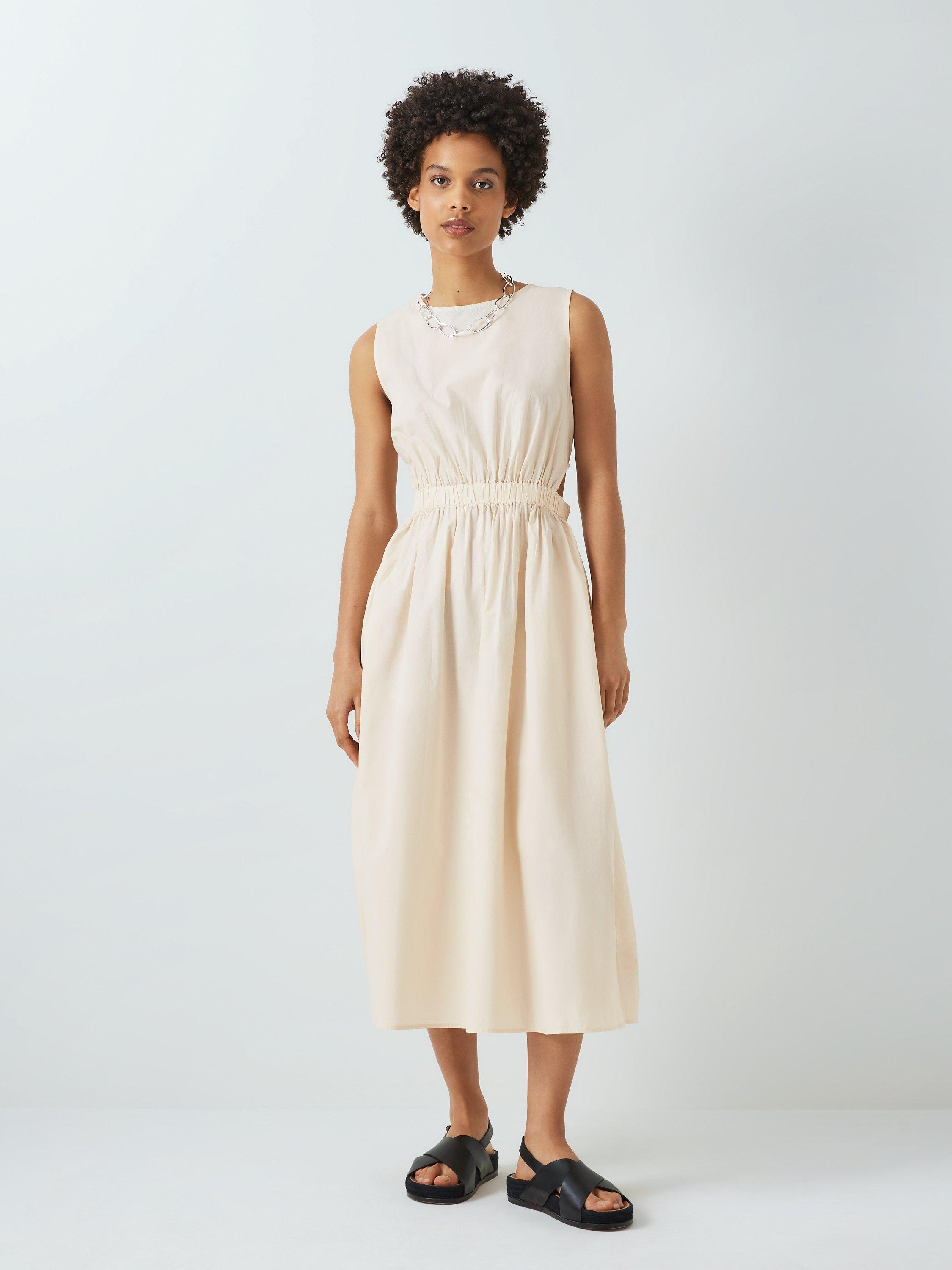 John Lewis ANYDAY Plain Cut Out Cotton Poplin Dress, Stone