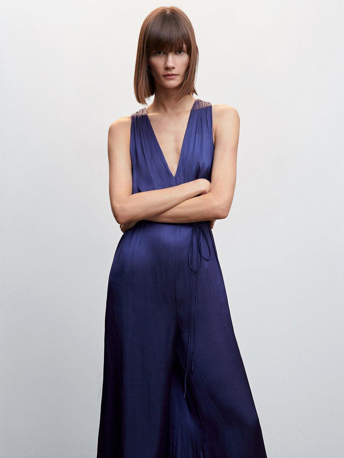 Mango Twister Satin Cross Back Jumpsuit, Dark Blue