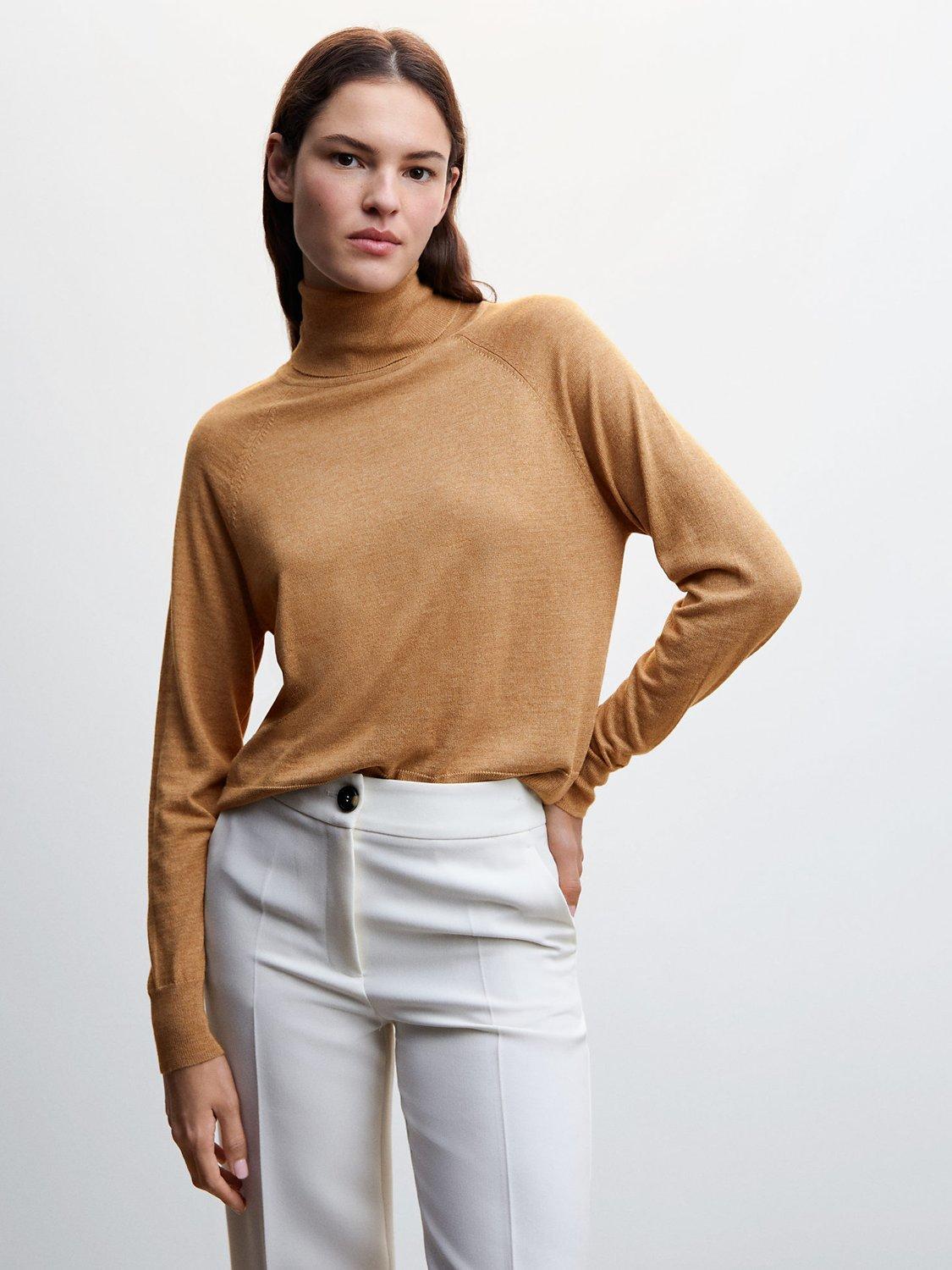Mango Luccac High Neck Cashmere Blend Jumper, Medium Brown