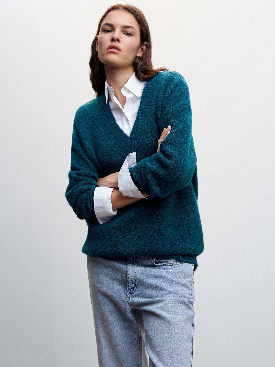 Mango Anec V-Neck Wool Blend Jumper, Dark Blue
