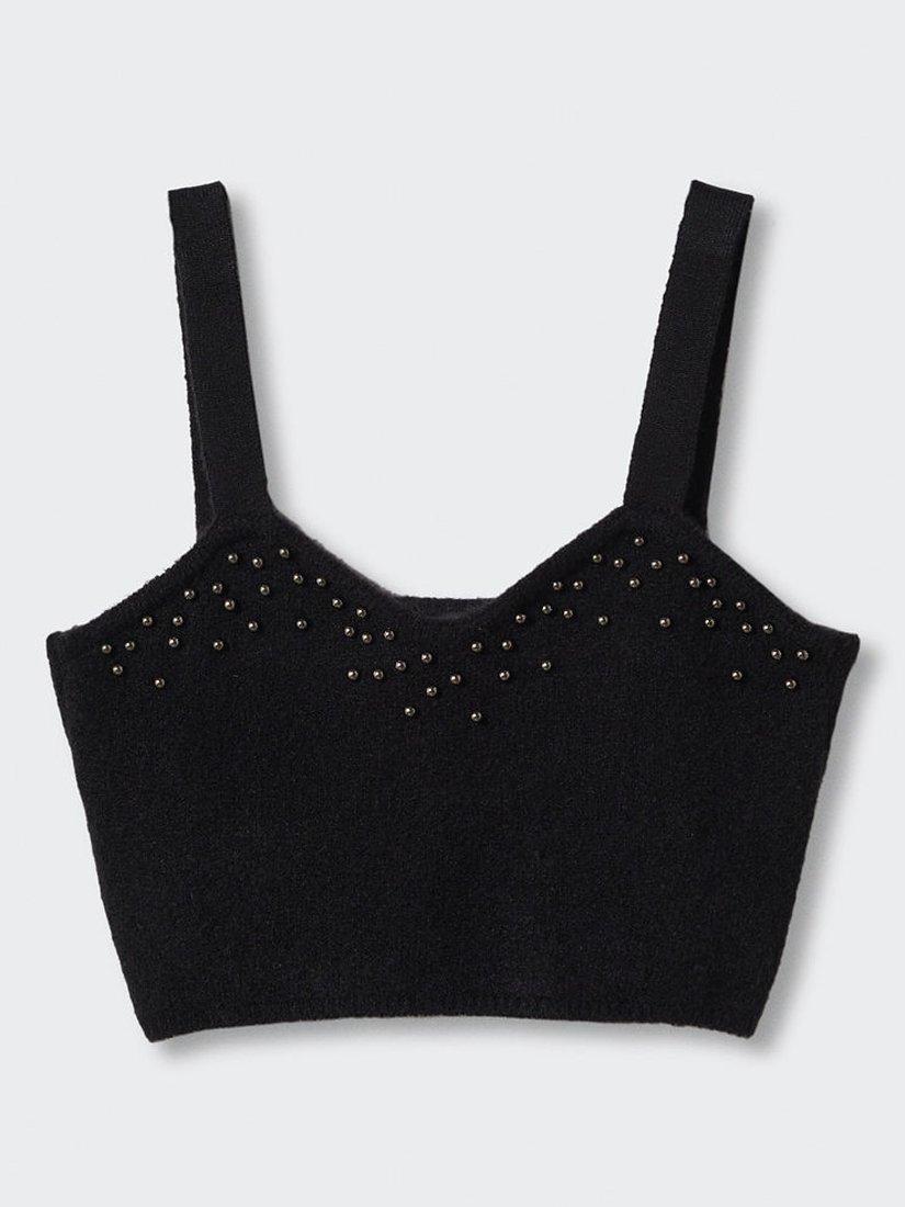 Mango Knitted Stud Embellished Crop Top, Black