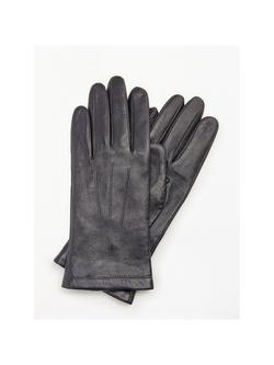 John Lewis Stitching Detail Fleece Lined Leather Gloves, Navy