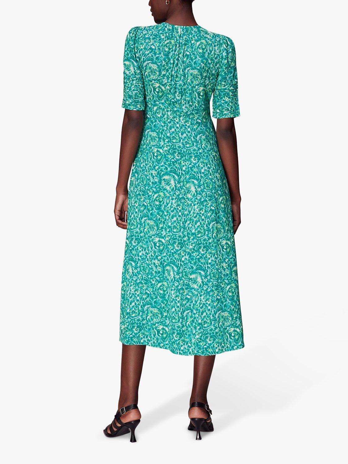 Product image 2 of 6, which shows Whistles Clouded Floral Tie Midi Dress, Green/Multi, 6
