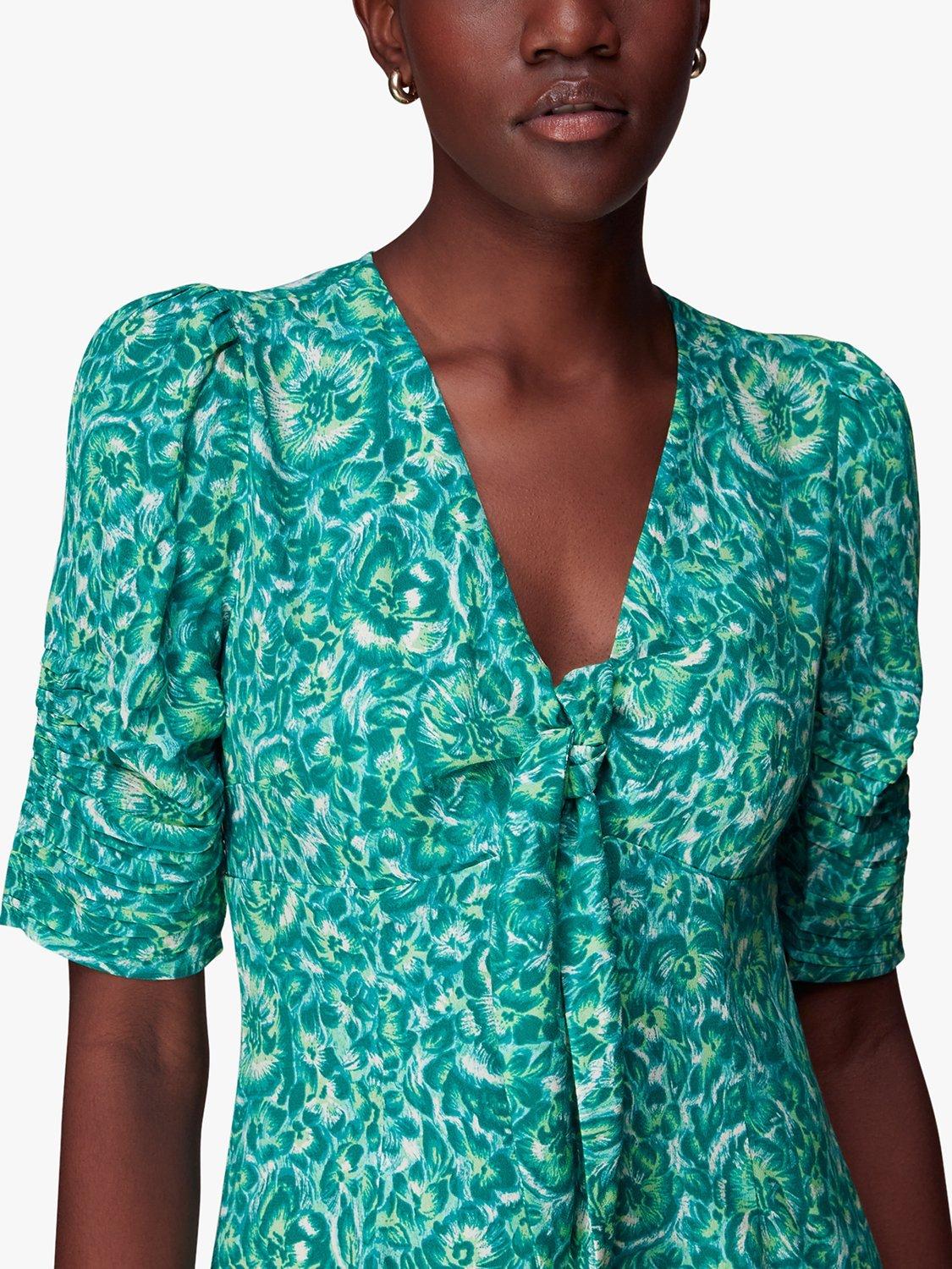 Product image 3 of 6, which shows Whistles Clouded Floral Tie Midi Dress, Green/Multi, 6