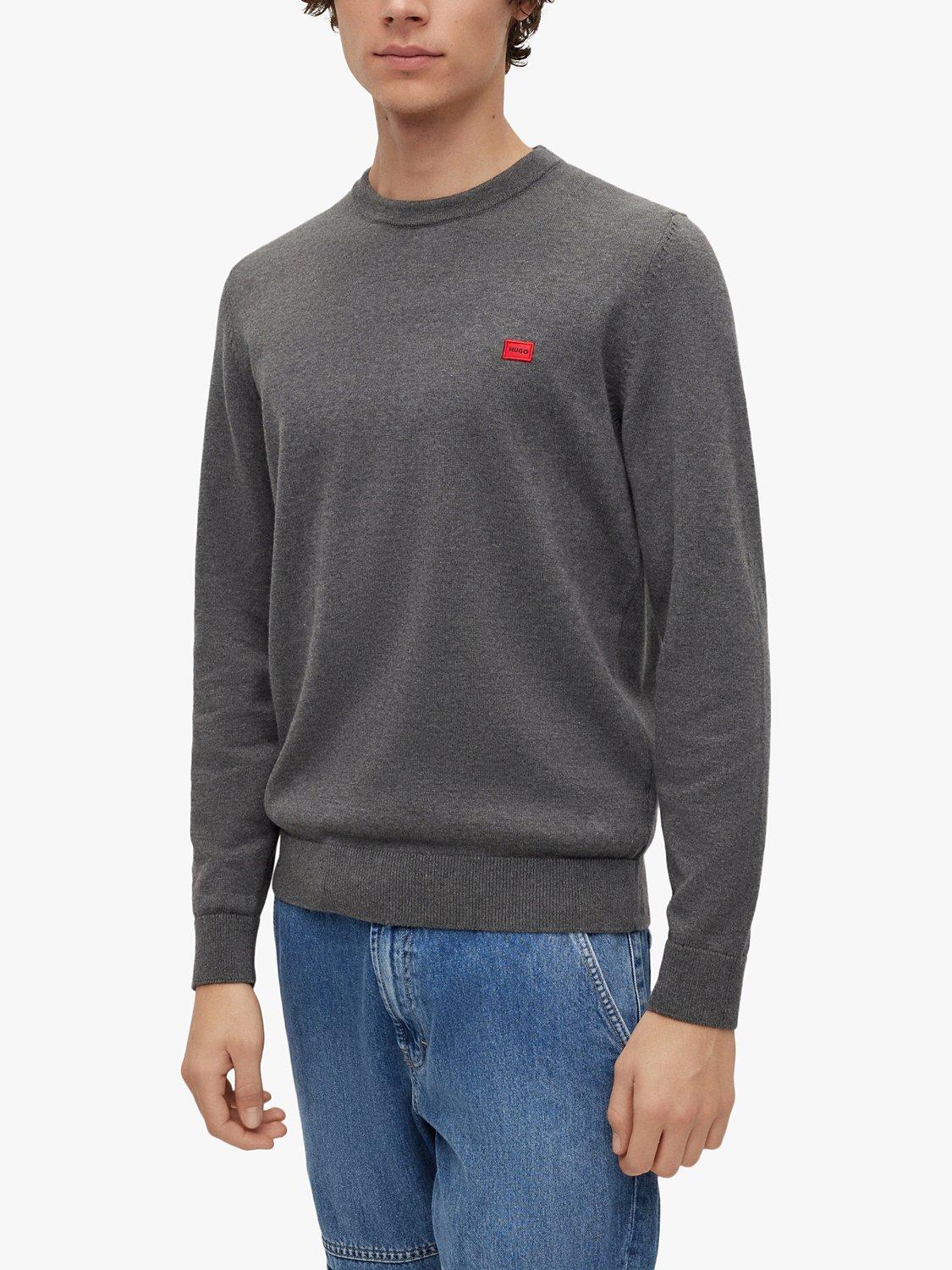 HUGO San Cassius Fine Knit Cotton Jumper, Medium Grey
