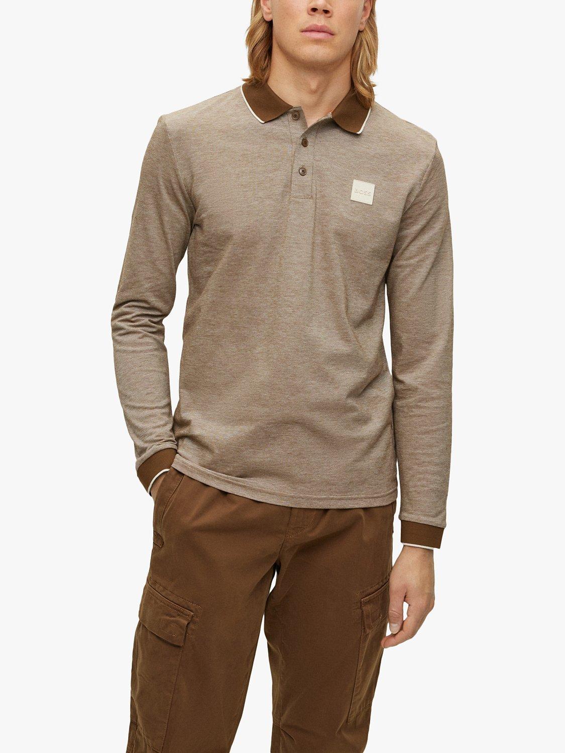 BOSS Oxford Cotton Long Sleeve Polo Top, Medium Brown