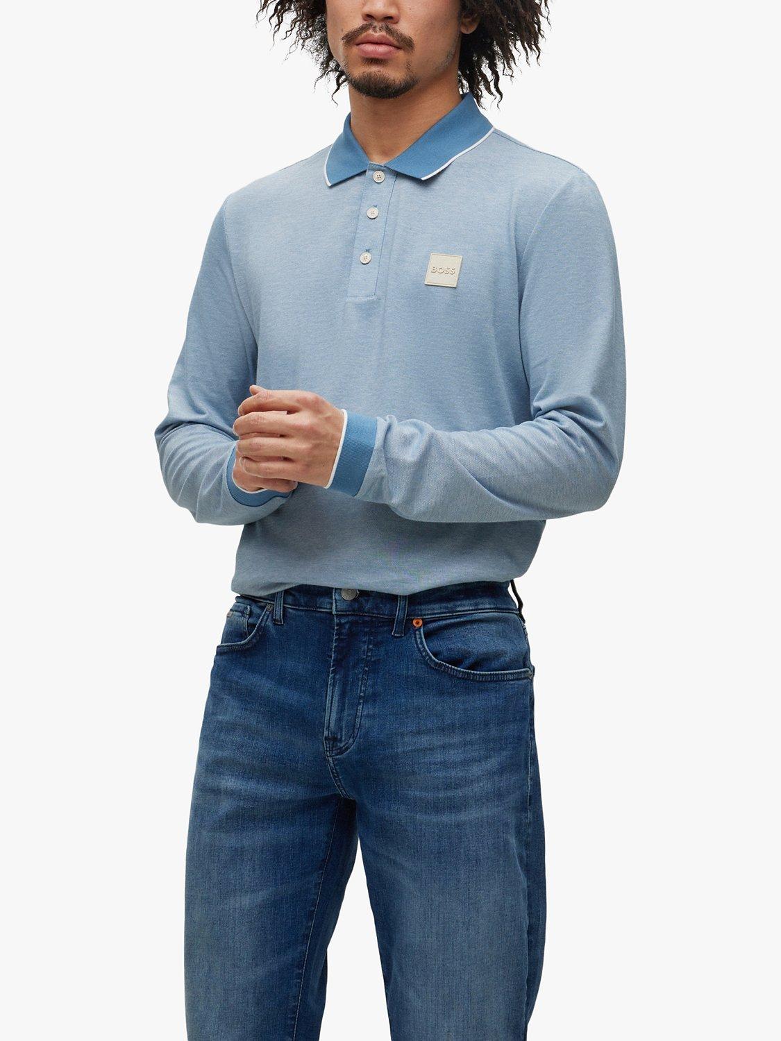 BOSS Oxford Cotton Long Sleeve Polo Top, Light/Pastel Blue