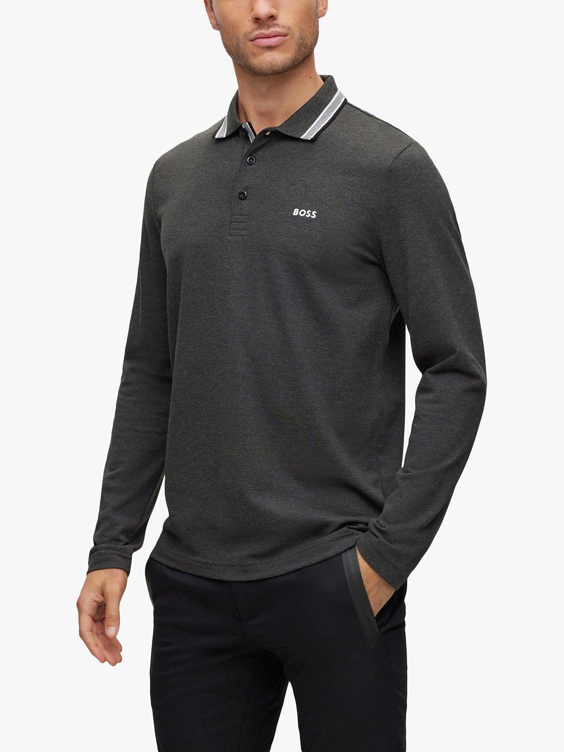 BOSS Plisy Long Sleeve Polo Shirt, Charcoal