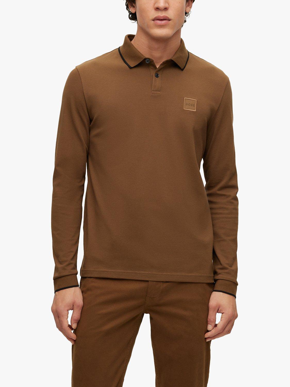 Product image 1 of 4, which shows BOSS Passer Tipped Long Sleeve Polo Shirt, Medium Brown, S