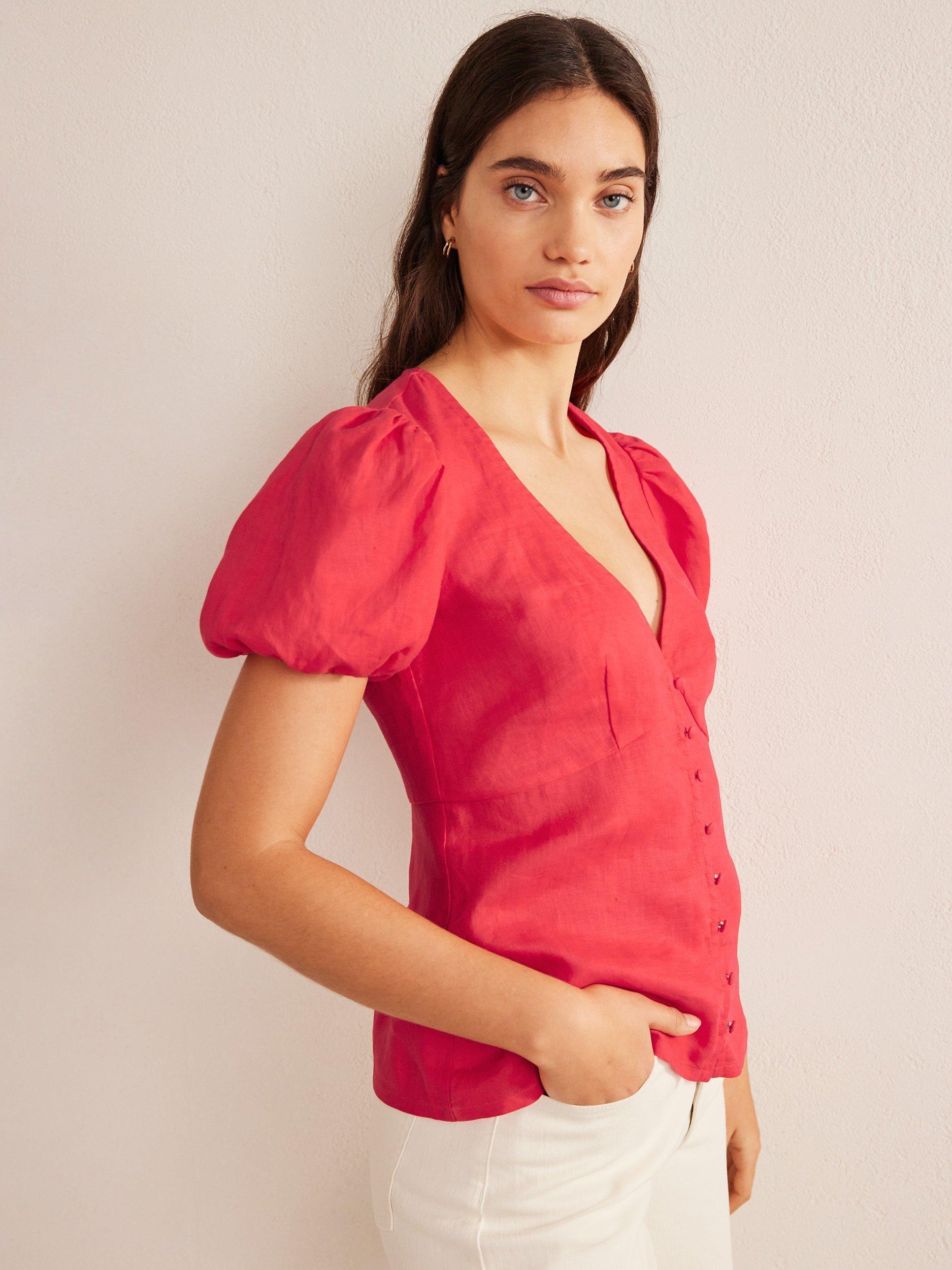 Boden Linen V Neck Fitted Top, Strawberry Tart