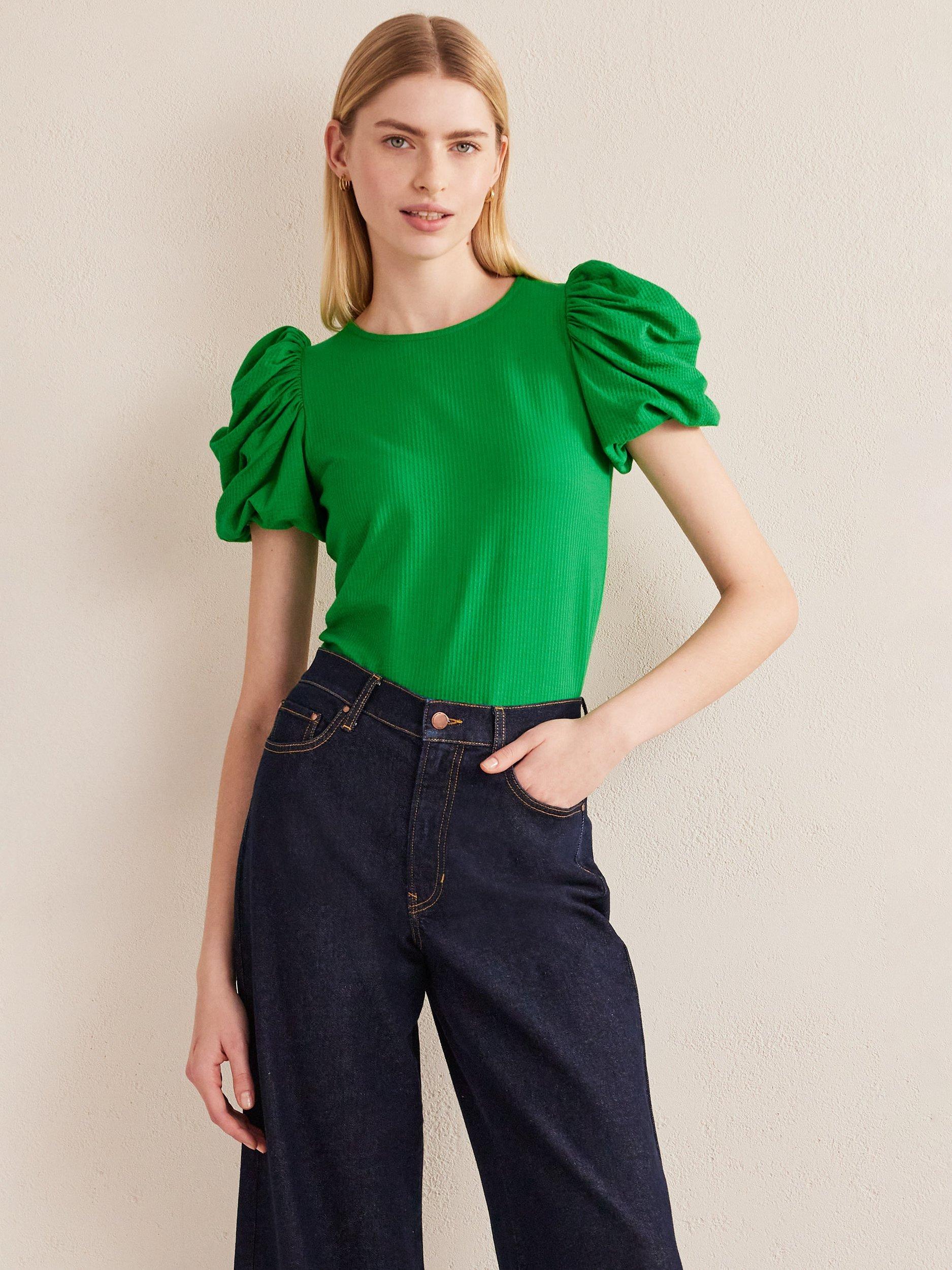 Boden Plain Puff Sleeve Jersey Top, Green Bee