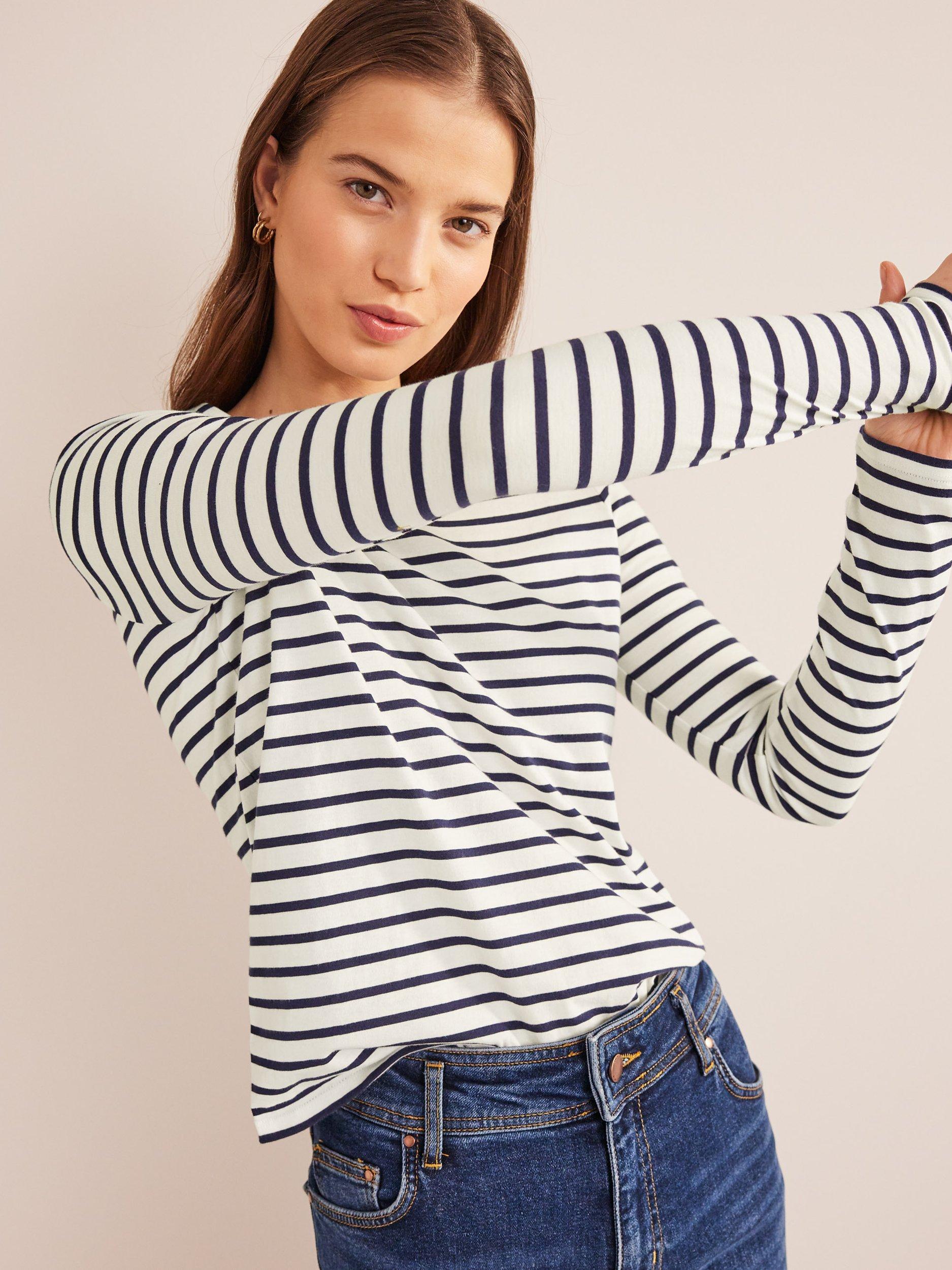 Boden Relaxed Long Sleeve Breton Top, Ivory/Navy