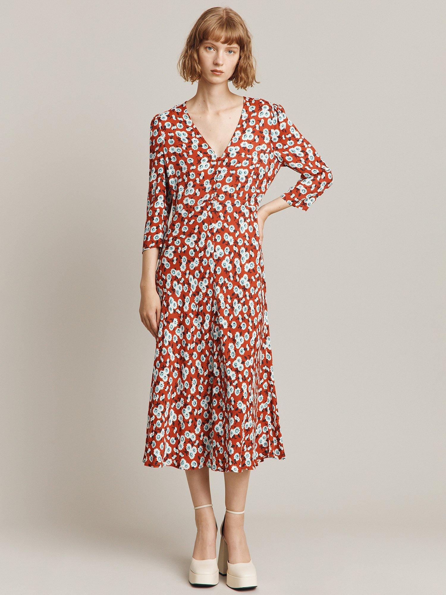 Ghost Blake Satin Floral Dress, Red Poppy