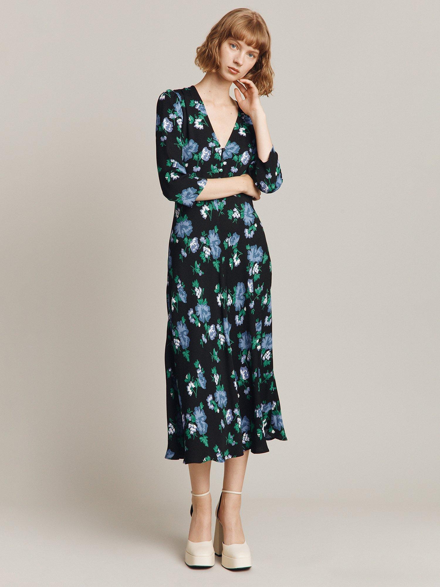 Ghost Blake Satin Floral Dress, Black Poppy