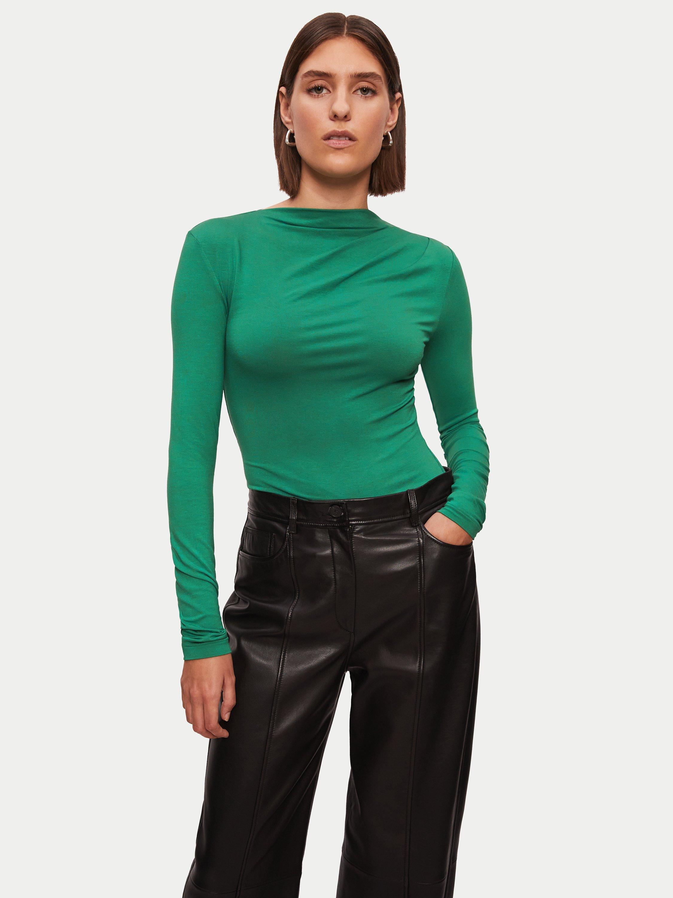 Jigsaw Pleat Neck Long Sleeve Top, Green