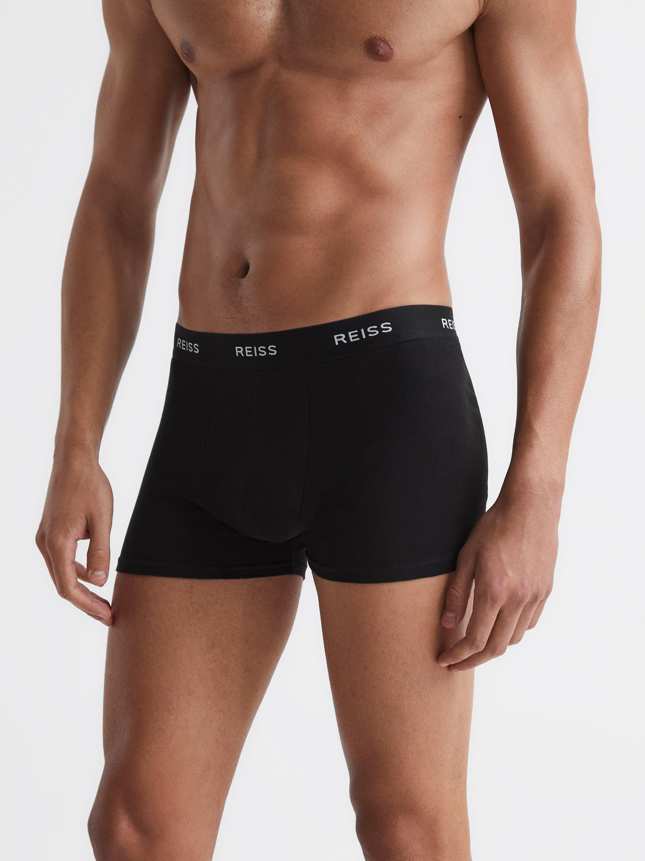 Product image 1 of 4, which shows Reiss Heller Organic Cotton Blend Trunks, Pack of 3, Black, S