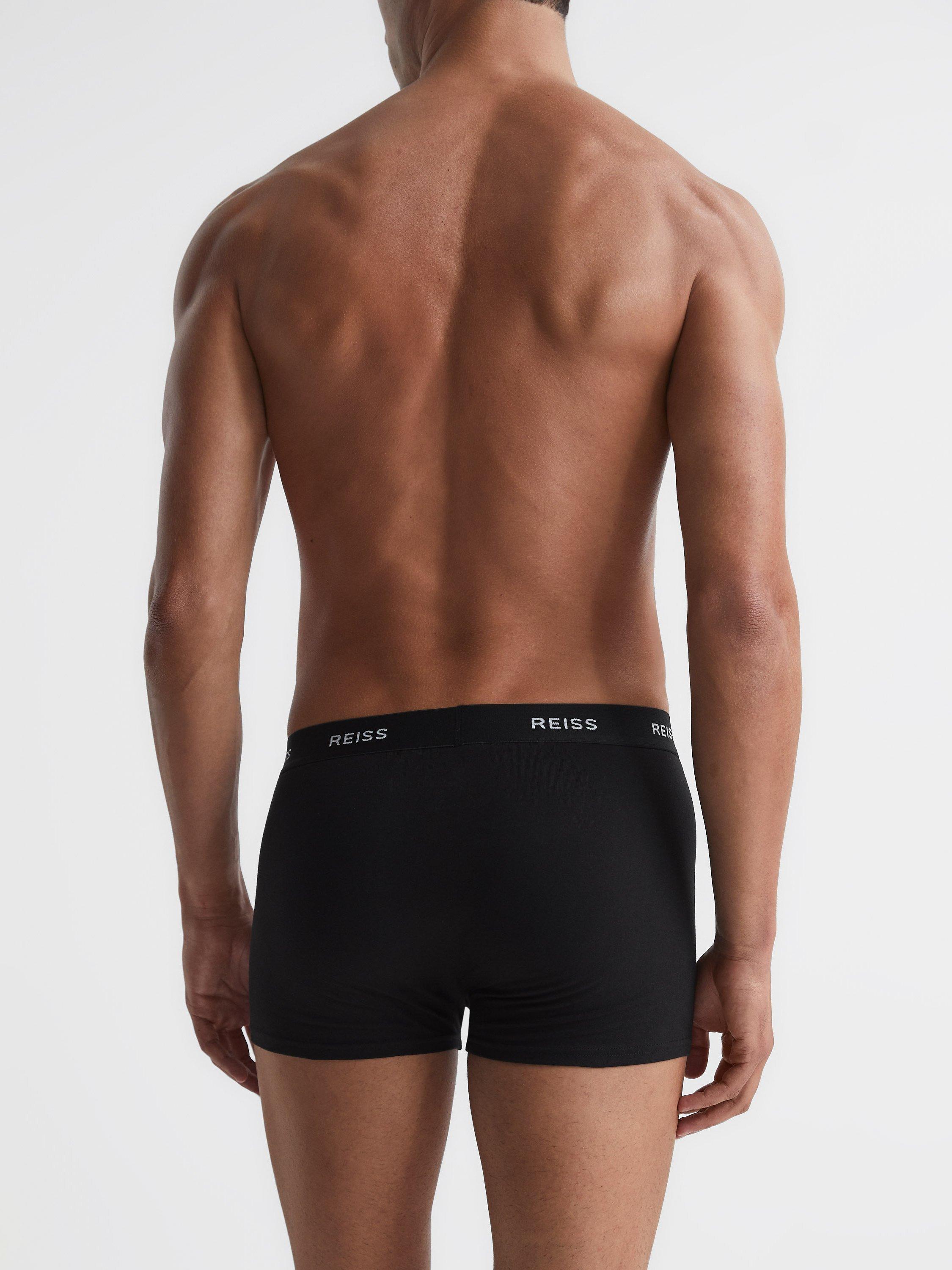 Product image 4 of 4, which shows Reiss Heller Organic Cotton Blend Trunks, Pack of 3, Black, S