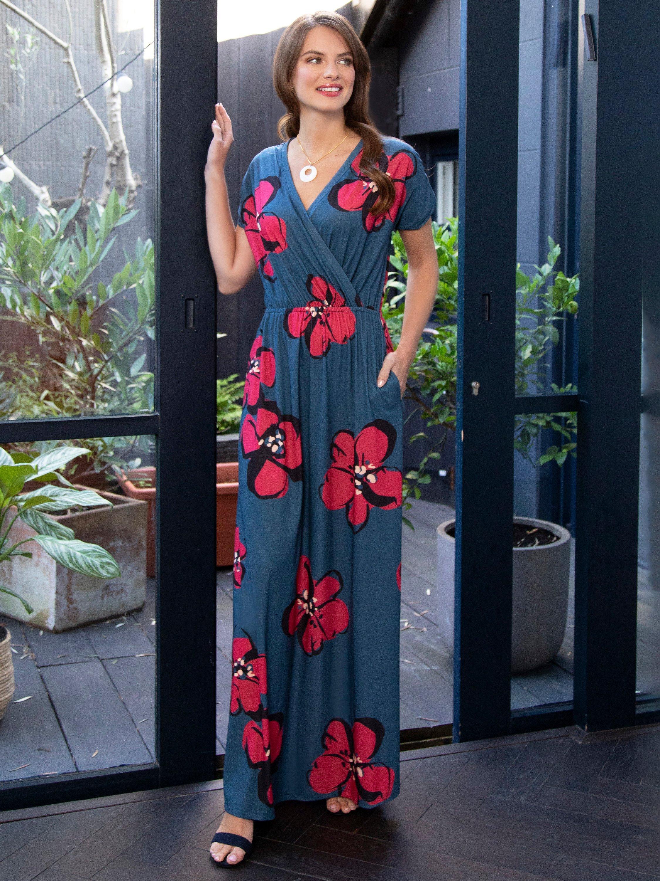 Product image 1 of 7, which shows HotSquash Mock Wrap Maxi Dress, Floral Teal/Coral, 10